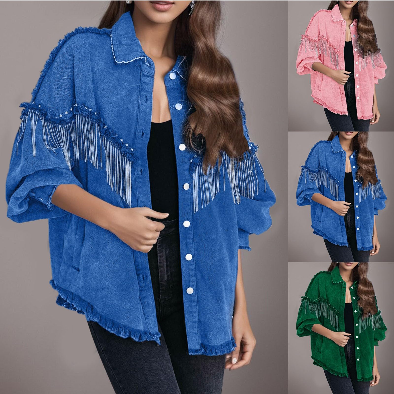Jeansjacke Damen Oversized Denim Jacke Lässige ausgefranste Quaste Schwarze Jeansjacke für Frauen Mode Fransen Strass Cowgirl Jeans Mäntel Cowgirl-Jeansjacke Langarm Strickjacke Streetwear
