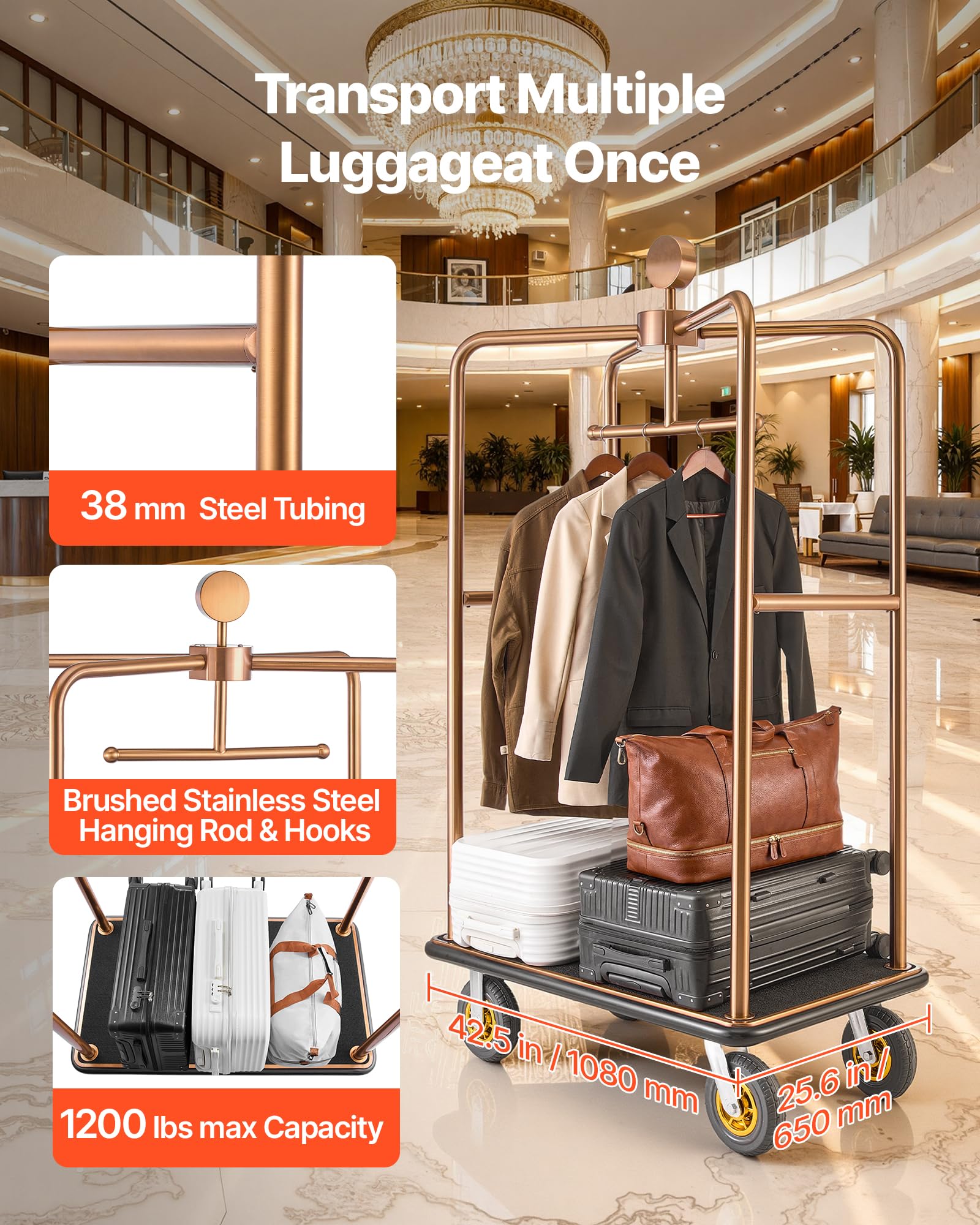 VEVOR Carrello Portabagagli per Hotel, Portata Max 544,31 kg, Carrello Bagagli Hotel con Telaio in Acciaio Inox, Ruote in Gomma da 203 mm, Pianale Rivestito in Moquette Nera, per Alberghi e Resort