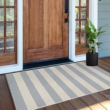 OJIA Outdoor Porch Rug Front Door Mat 24x51, Washable Checkered Entry Striped Front Door Rug Cotton Woven Kitchen Carpet Small Area Rug for Entryway Patio Bedroom Bathroom Blue/White/Tan