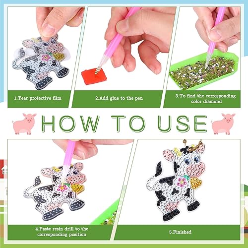 Miniatura 4 de Whaline Kit de 9 llaveros de pintura de diamante de animales de granja, pollo, vaca, cerdo, conejo, accesorios de pintura de diamante, llavero 5D,