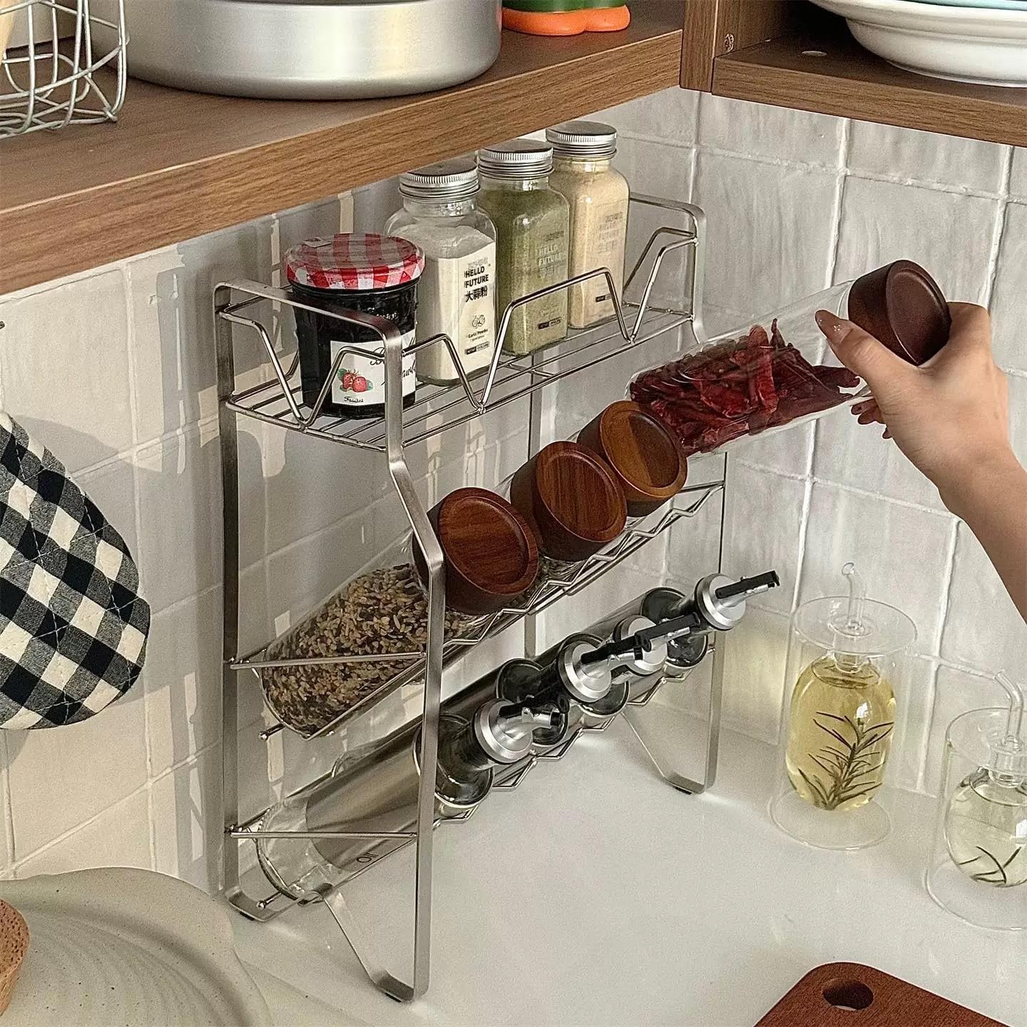 Xiaooooyez 3-Tier Spice Rack for Cabinet - Stainless Steel Kitchen Drawer Organizer, Over The Sink/Slove Shelf for Spices, Condiments & Cooking Supplies, Cabinet Organizer and Storage Shelf