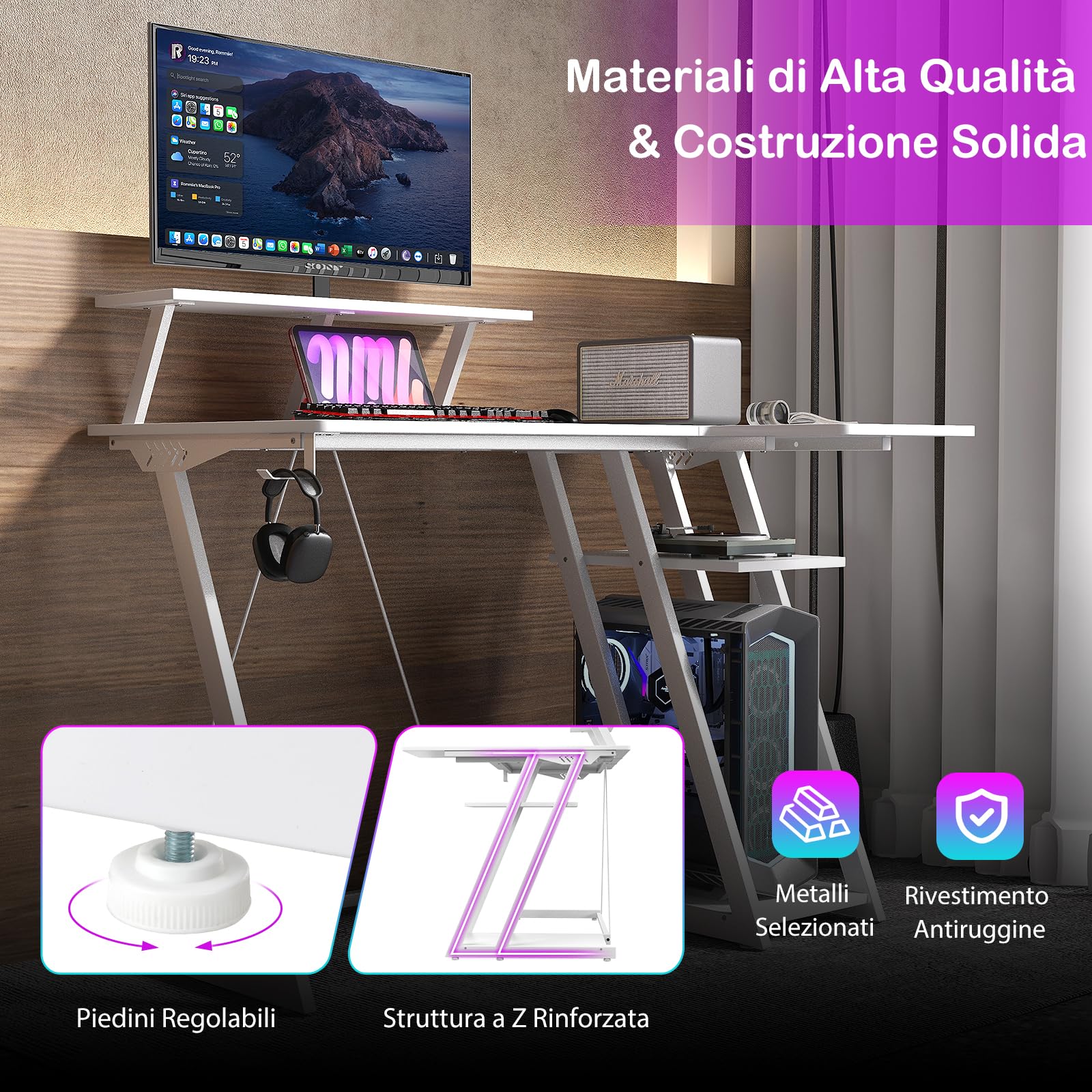 COSTWAY Scrivania Angolare Salvaspazio, Scrivania da Gaming con Prese, Porte USB, Ripiano per Monitor, Gancio per Cuffie, Ripiano e Supporto per CPU, Scrivania ad Angolo per Casa e Ufficio (Bianco)