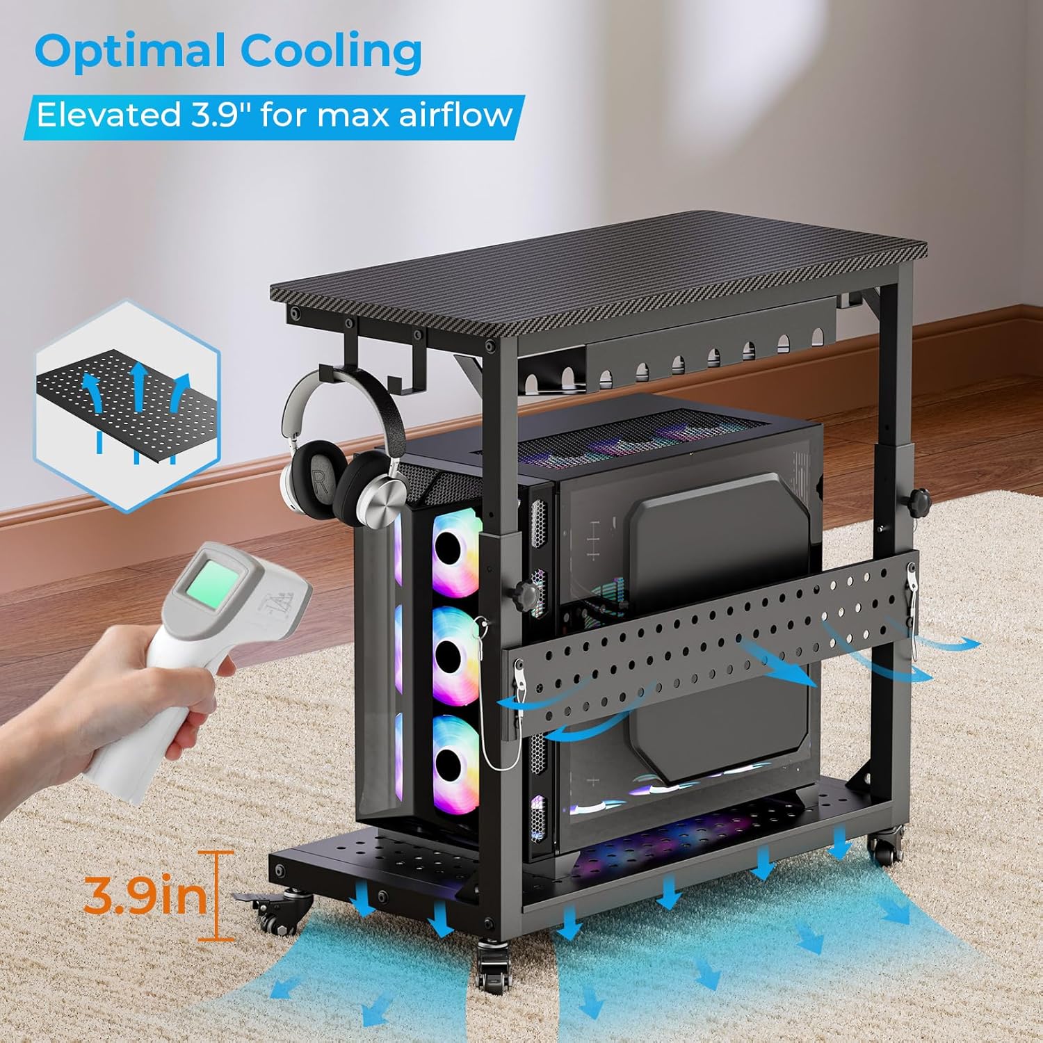 GreenForest Heavy-Duty Computer Tower Stand with Industrial Casters, 5-Level Height Adjustable Rolling PC Cart with Cable Management for Gaming, Full-Tower E-ATX Case Home, Carbon Fiber Black