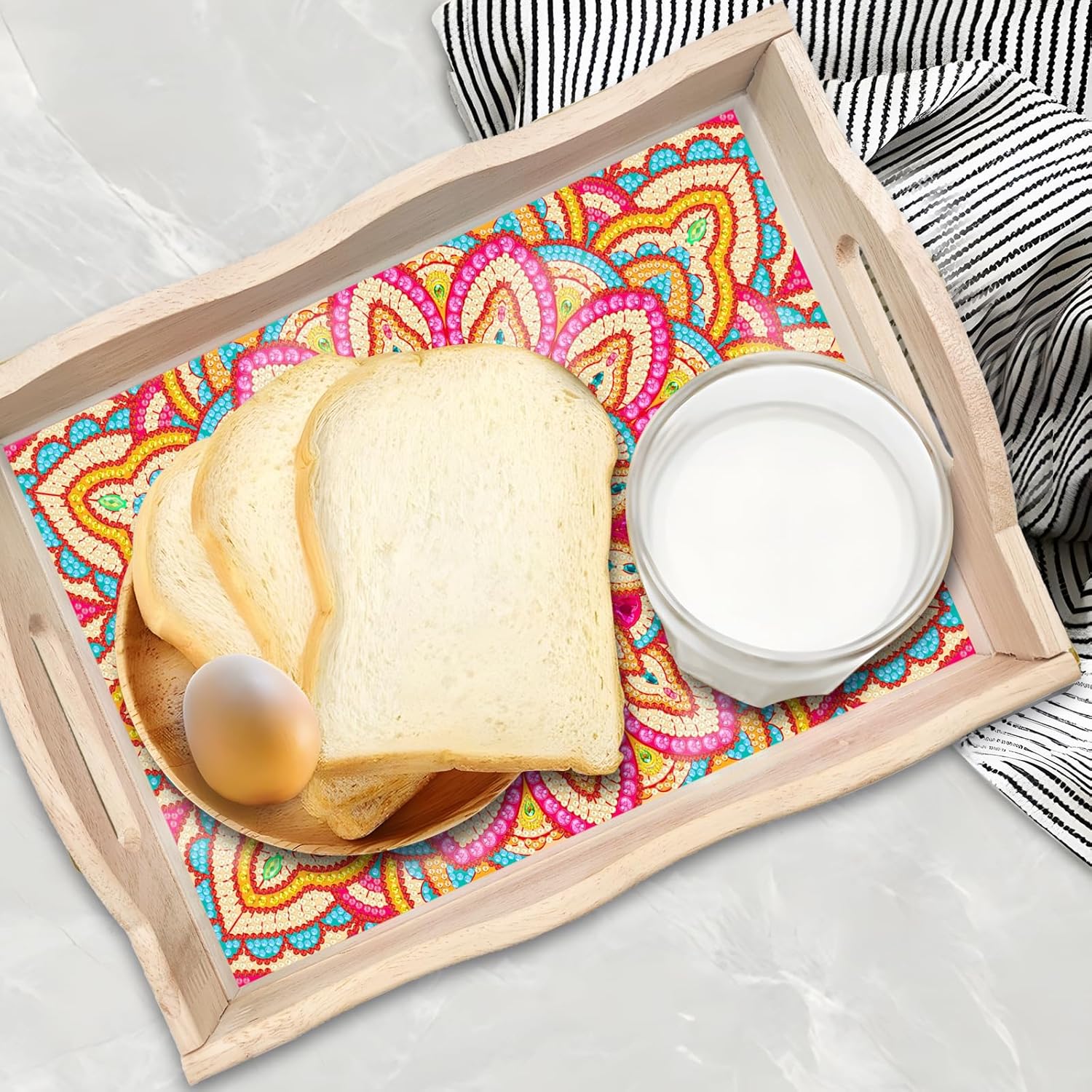 YGbaby DIY 5D Mandala Diamond Painting Wood Serving Tray with Handles 14"x10" Diamond Art Decoration Serving Trays Wooden Tray for Breakfast in Bed, Patio, BBQ, Coffee Table, Couch, Party (H)