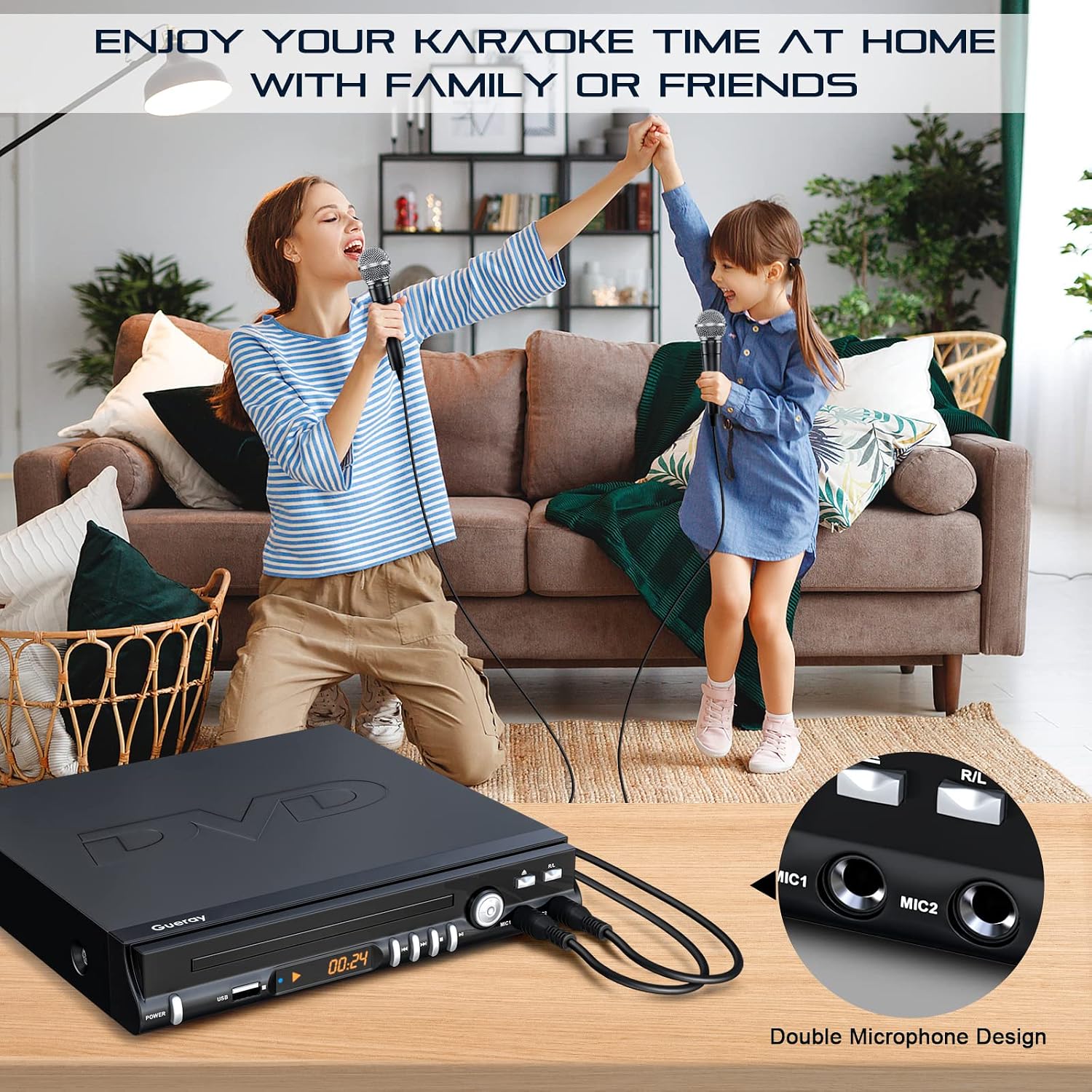Gueray DVD Player, All Region Free DVD CD Recorded Disc Player with HD 1080P and Playback DVD-R/RW CD-R/RW Support Double Mic Port, USB Port, Remote Control, HDMI and AV Cable for TV Connect