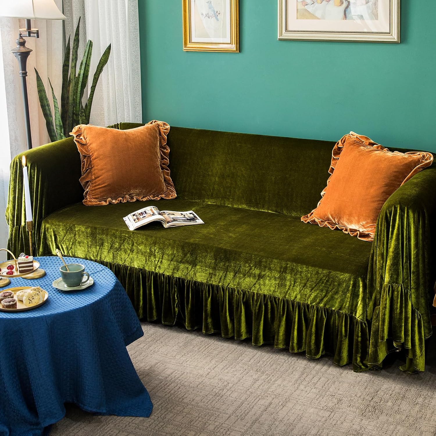 GLORY SEASON Velvet Sofa Cover Soft Decorative Luxurious Solid Exquisite Ruffle Trim,Retro Farmhouse Vintage Sofa Slipcover Couch Cover for 2-3 Cushion Sofa for Living Room 1PC 88x134 Inch