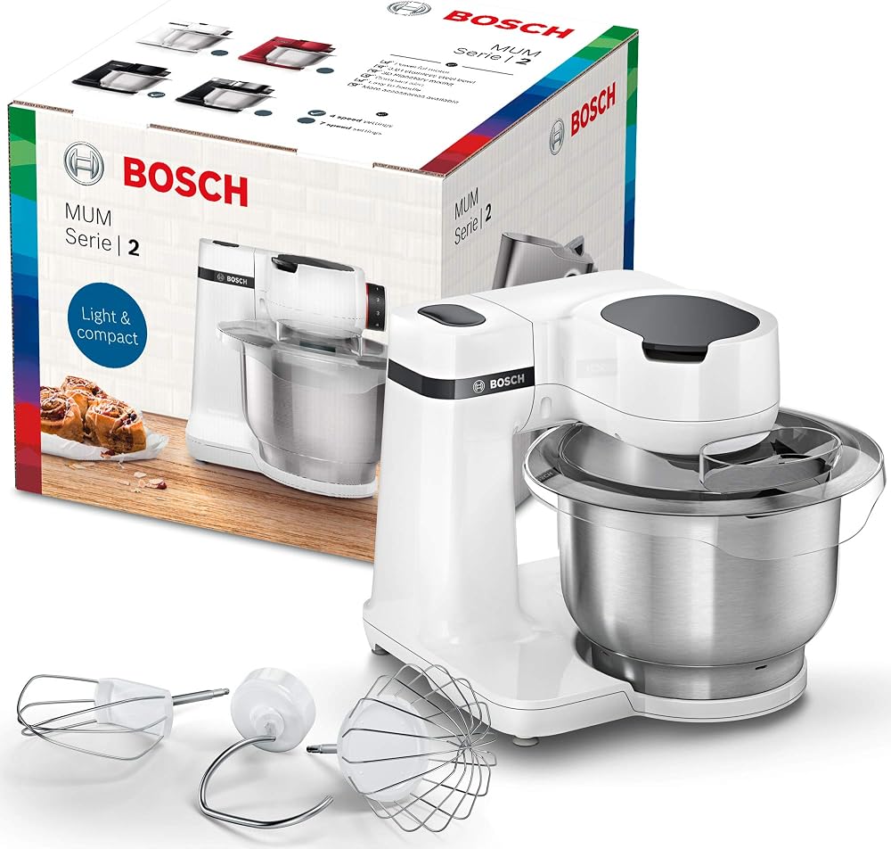 Bosch, robot pâtissier, moteur 700 watts, mélange homogène, kit accessoires pâtisserie, blanc, MUMS2EW00