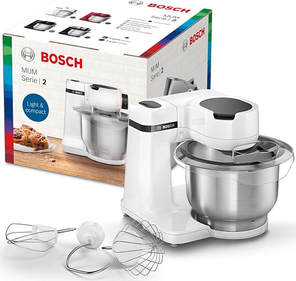 Bosch MUM2 wielofunkcyjny robot kuchenny, 700 W, maszynka do ubijania i wyrabiania ciast, mikser planetarny, hak do cias