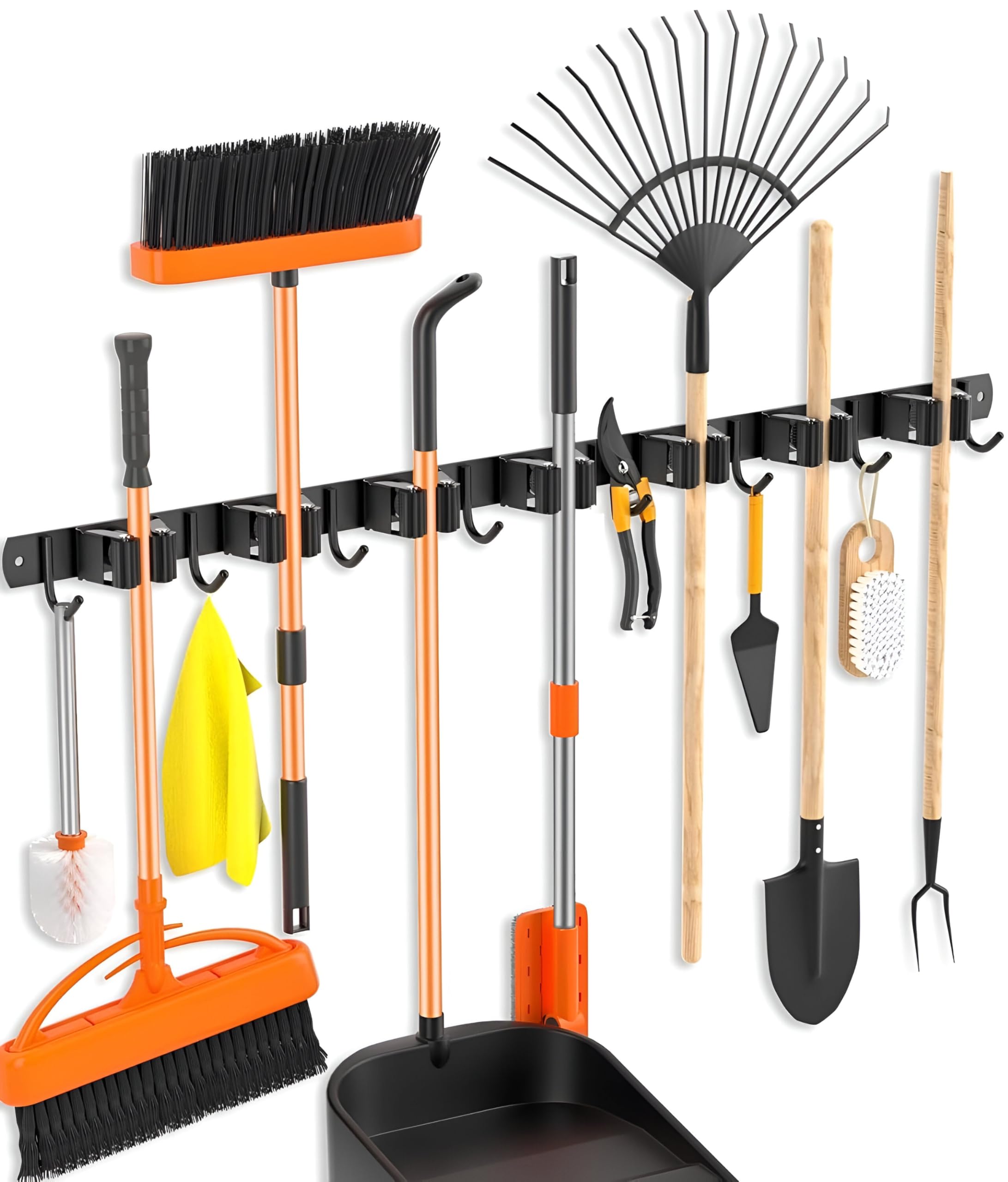 TOJ Living Uchwyt na miotłę na ścianę – narzędzia ogrodowe – uchwyt na miotłę – uchwyt ścienny – 7 uchwytów – 8 haczyków – 82 cm – stal nierdzewna – czarny