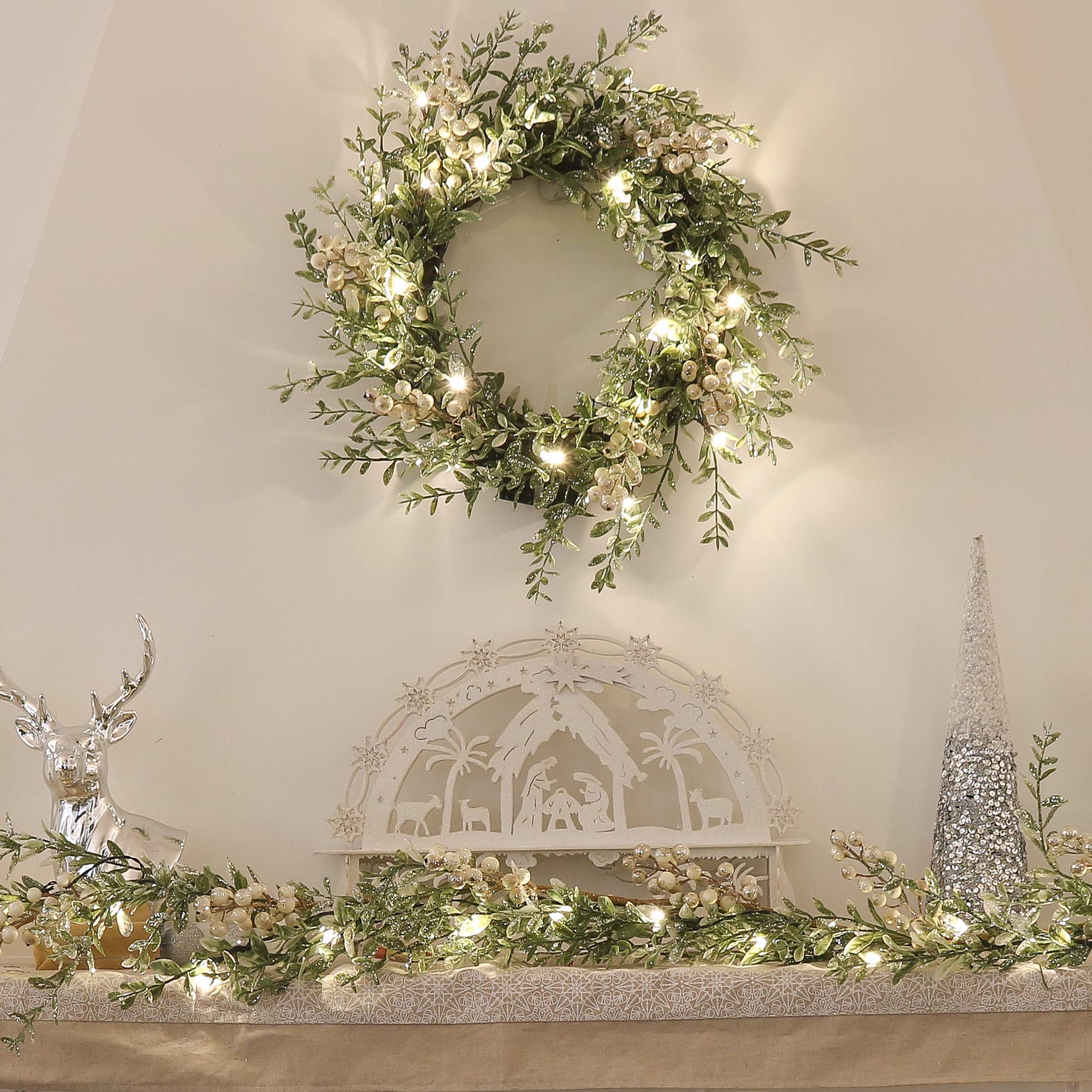 Valery Madelyn 5 Ft/152cm Pre-Lit Christmas Garland For Mantel,Traditional Red White Garland With Baubles And Berry With Led Lights And Timer Function