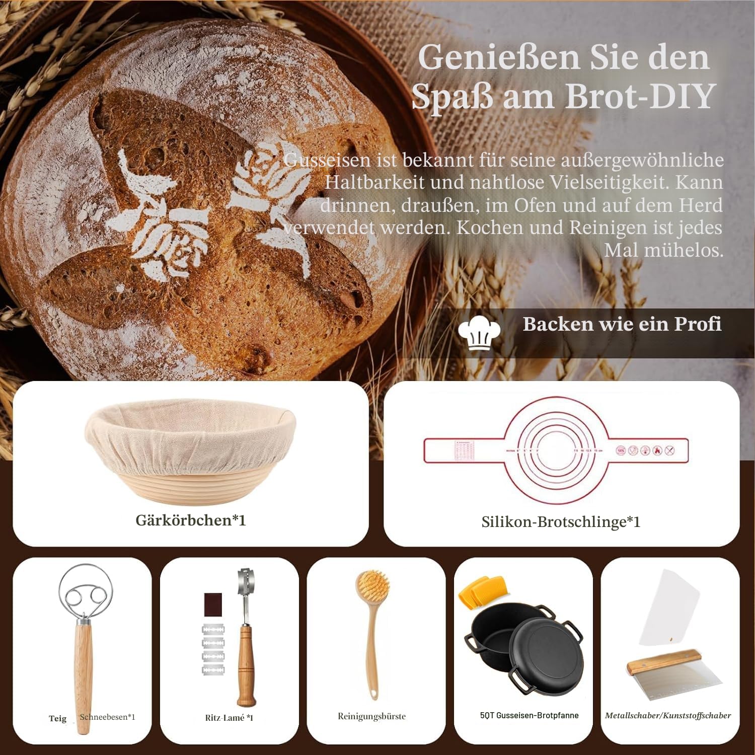 5QT Gusseisen Dutch Oven (Sauerteig-Starter-Set mit Gärkörbchen, Brotritzmesser & Deckel – ideal zum Brot Backen) (Familien-Kochen, Braten, Schmoren & BBQ)