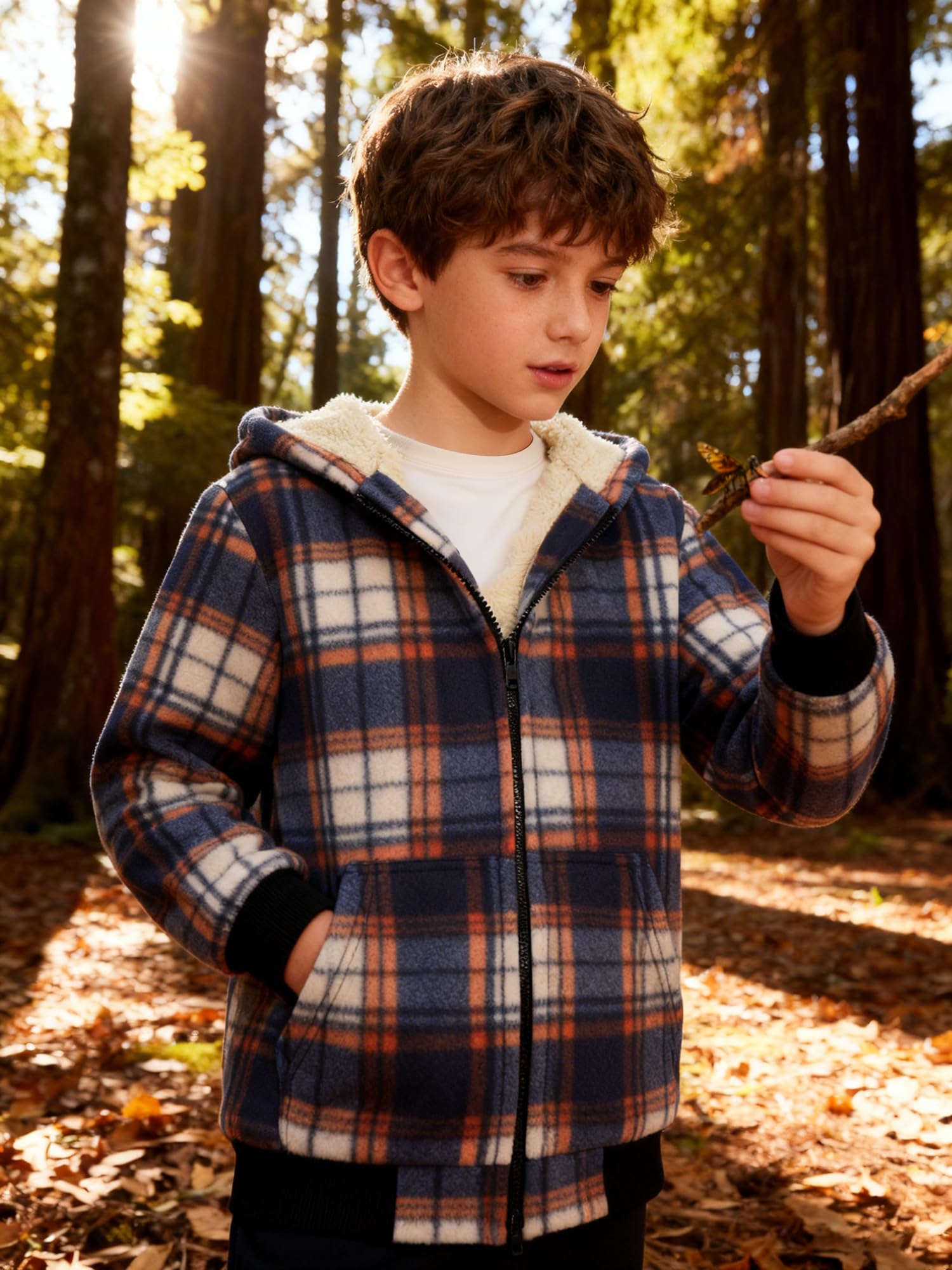 Chaqueta de forro polar con capucha para niños, unisex, cálida, con forro de sherpa, con cremallera, sudadera con capucha para niños, ropa de abrigo a cuadros