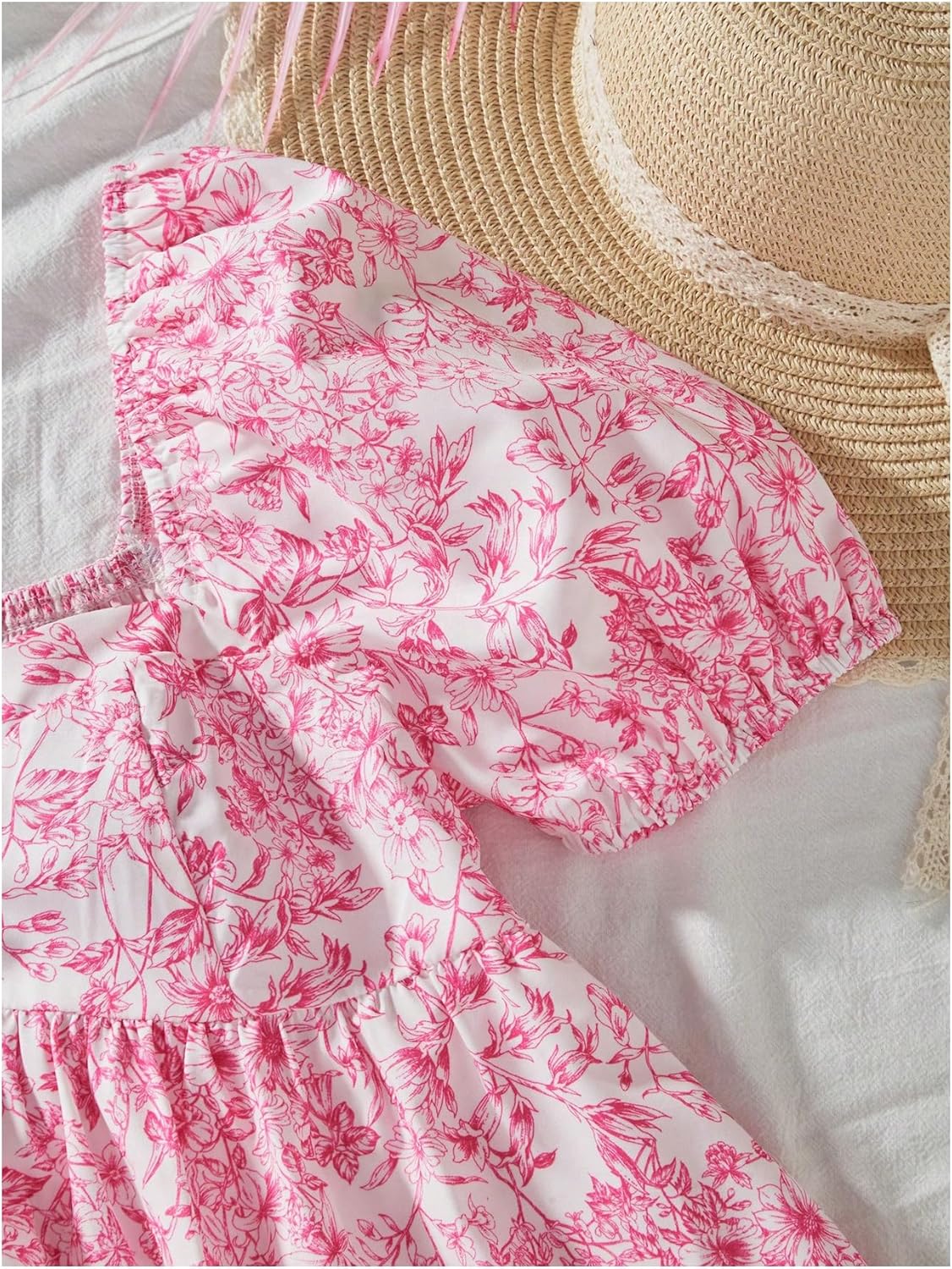 Girl's Floral Puff Sleeve Smocked Blouses Shirts Sweetheart Neck Babydoll Peplum Top - Image 4