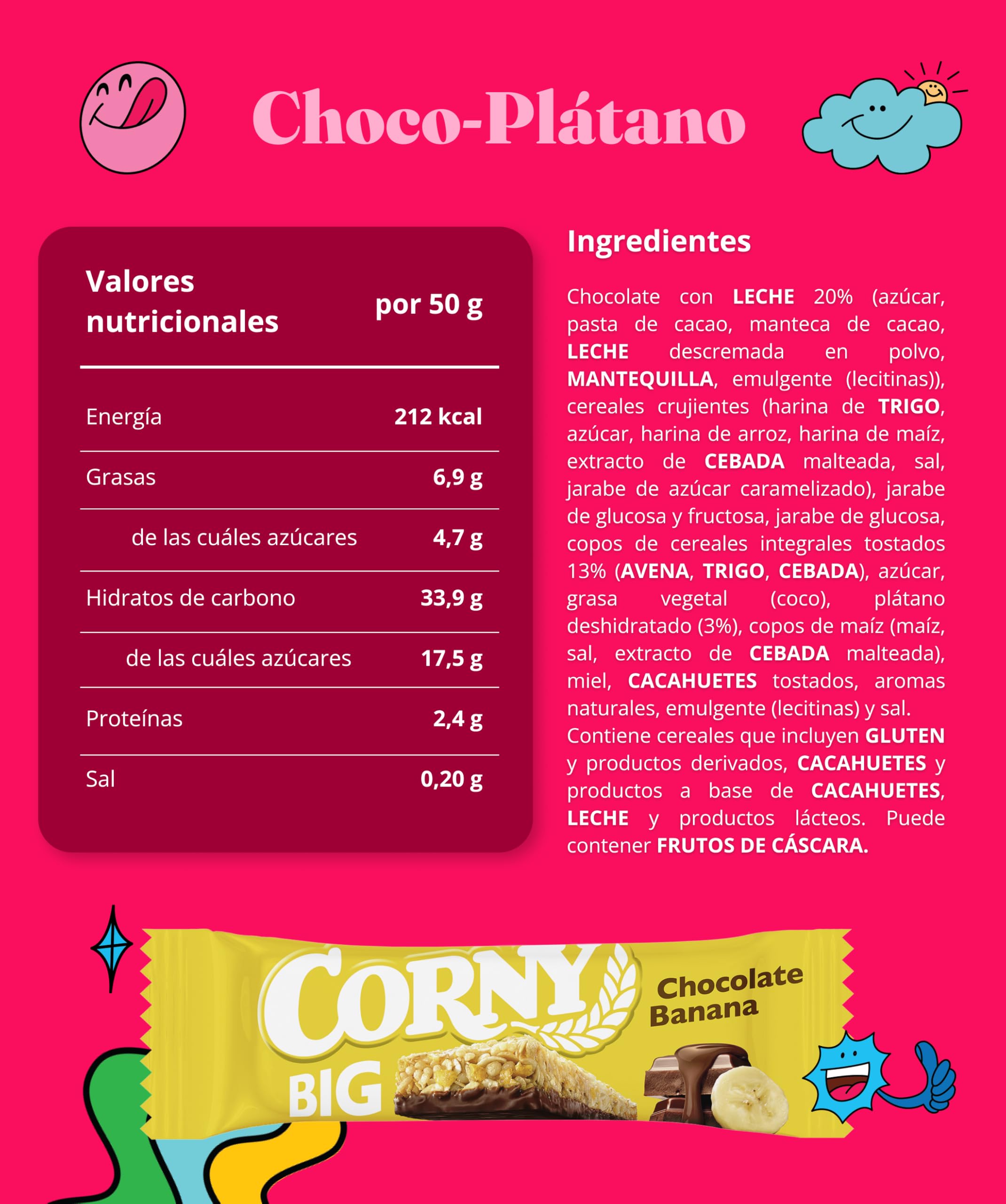 Corny Big, Barrita Sin Azúcares Añadidos Sabor Chocolate Banana, Más Grande, Sabor Intenso, Textura Crujiente, Pack 24x50g