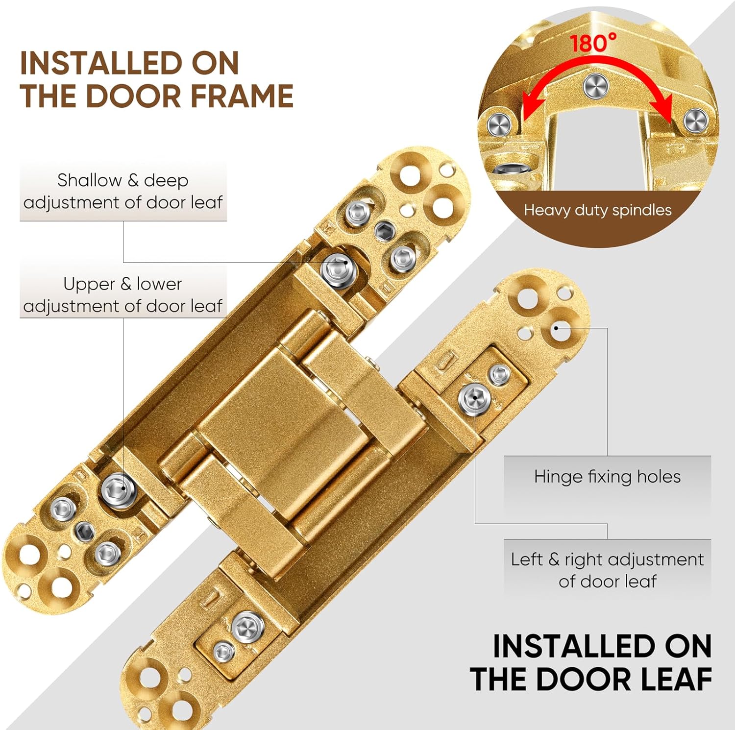 6inch Hidden Door Hinges(2Pcs)- 3 Way Adjustable Invisible Door Hinges,180 Degree Swing Heavy Duty Concealed Hinges (Load-Bearing Up to 88Lbs) (Gold)
