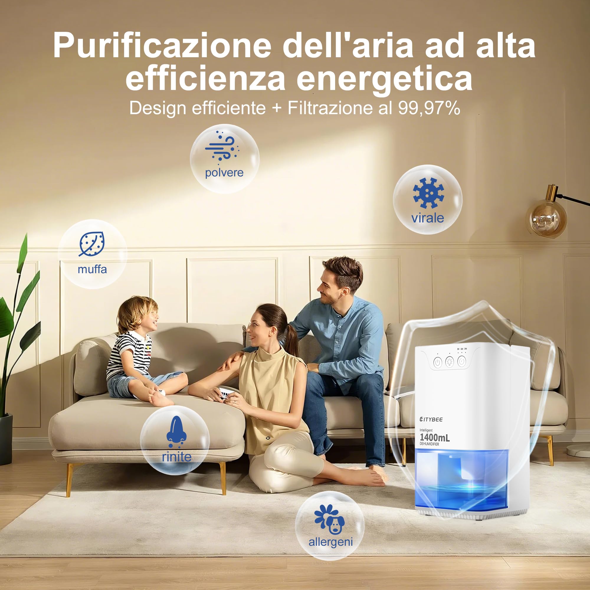CITYBEE Deumidificatore elettrico, 1400 ml, deumidificatore silenzioso per casa, camera da letto e cantina, deumidificatore con timer e illuminazione d'atmosfera (bianco)
