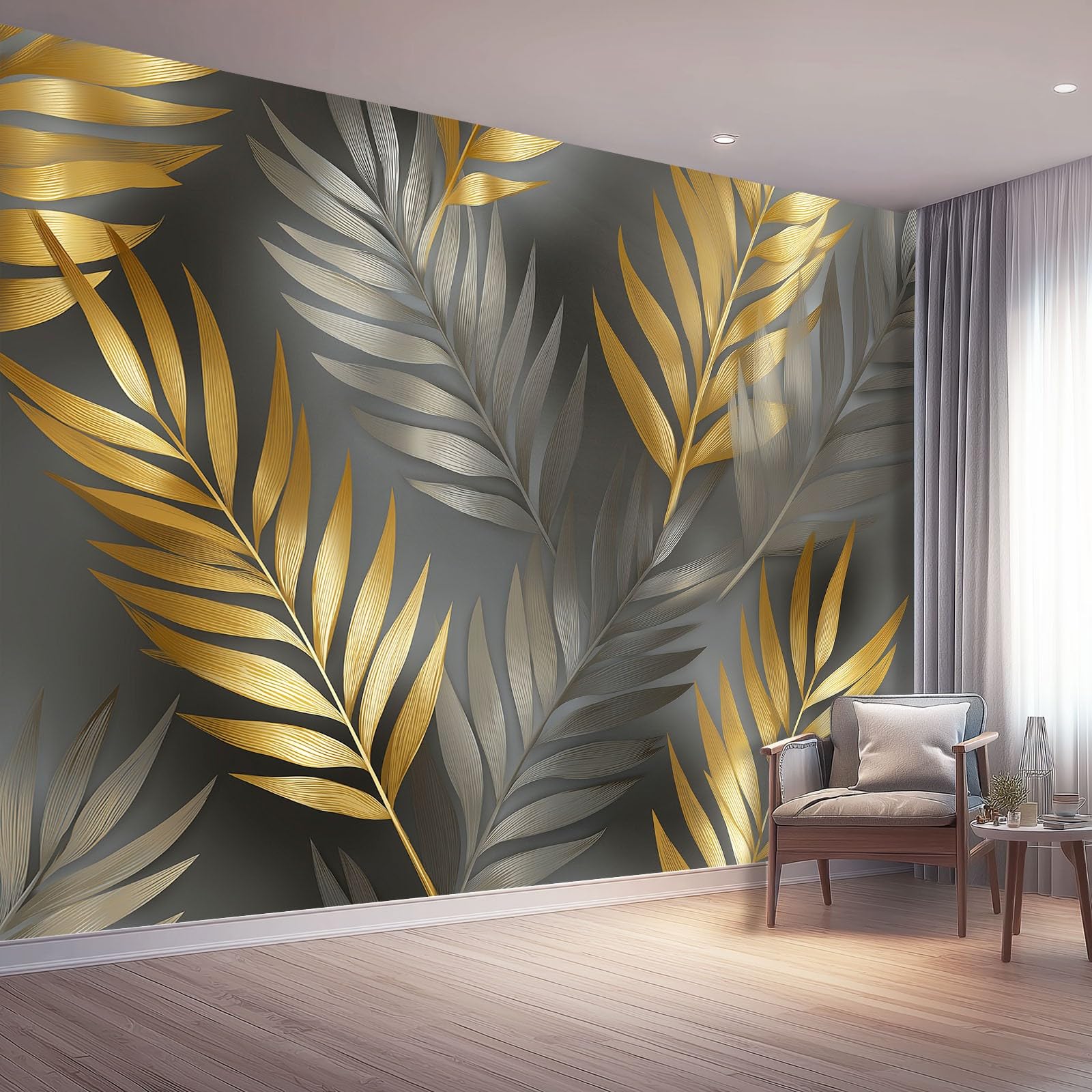 Non-Woven Wallpaper Mural,Contemporary Modern Botanical Gold Wall Covering,Feature Wall Decor to Refresh Tired Living Spaces 200 x 140(WxH)