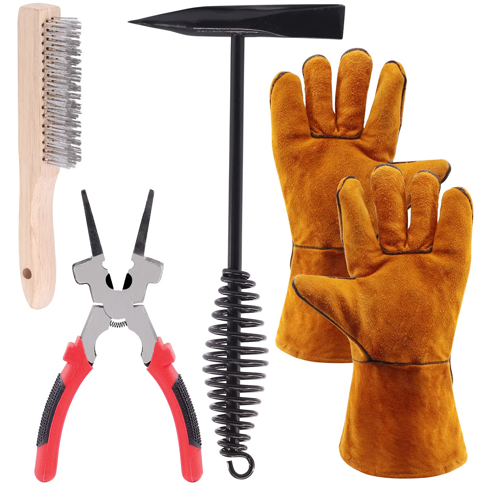 GLARKS5Pcs Welding Slag Removal Tool Set, Include 10'' Welding Chipping Hammer with Coil Spring Handle, Wire Brush and a 10'' Welding Plier with a Pair Welding Gloves