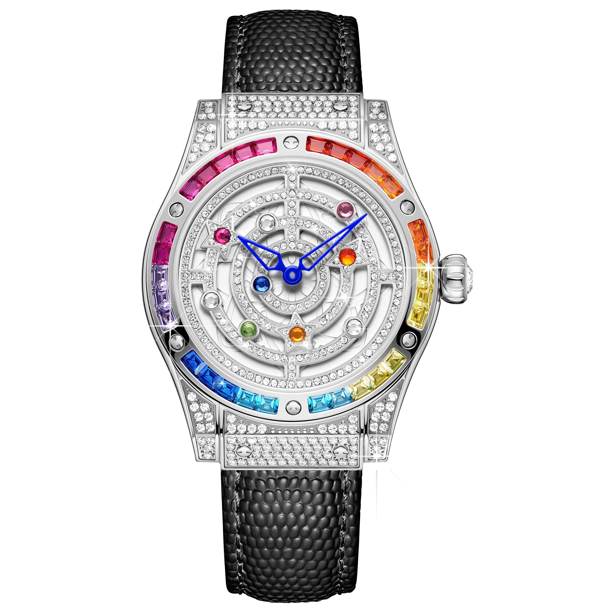 Luxuriöse Damenuhr mit Diamant-Inlay, mehrfarbige Zirkon-Akzente, Saphirglas-Zifferblatt, echtes Lederarmband, elegante Damen-Armbanduhr