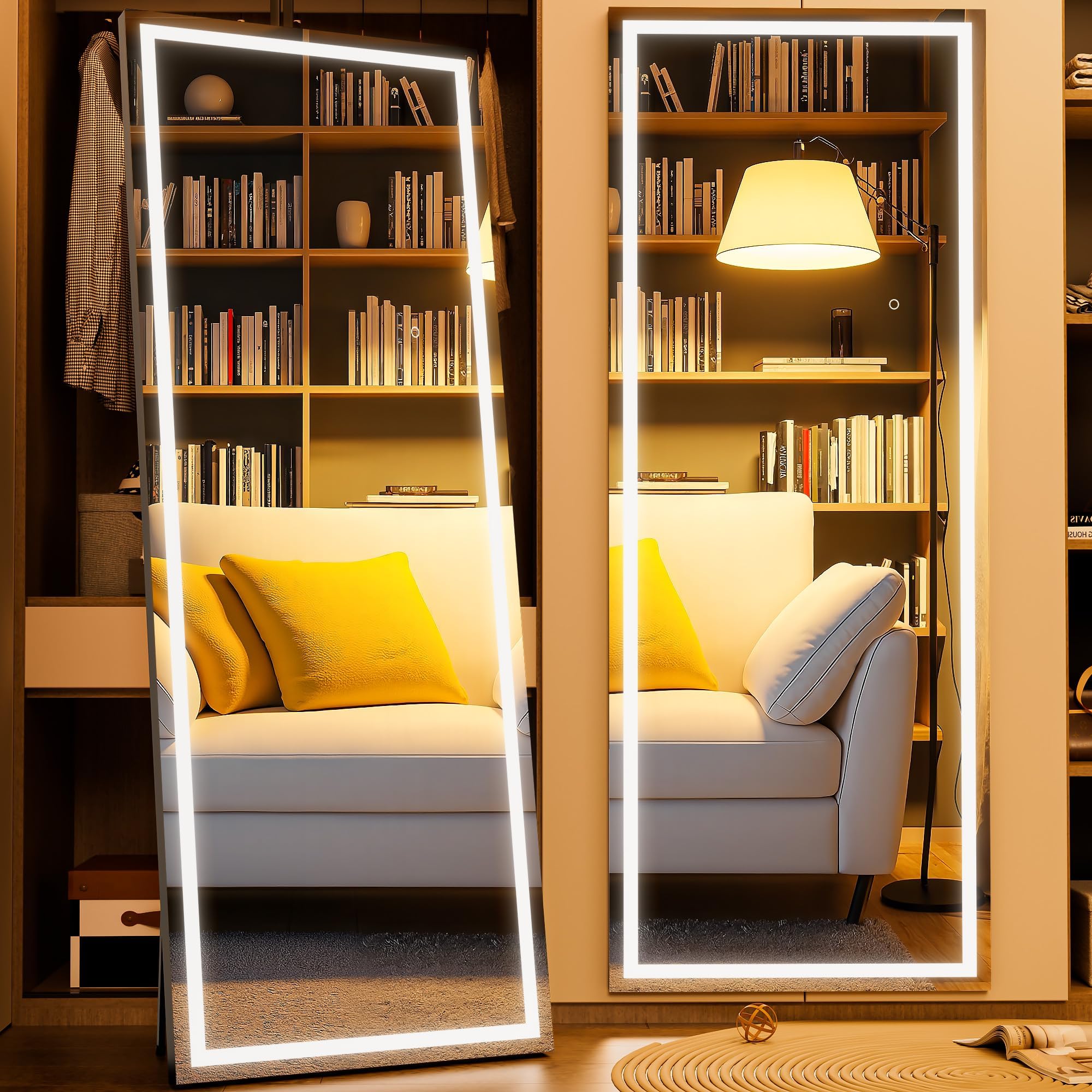 WINNICE Full Length Mirror with Lights, 180 x 60cm LED Lighted Floor Standing Body Mirror, Dimmable & 3 Color Lighting Cloakroom, Dressing Room, Tempered Glass