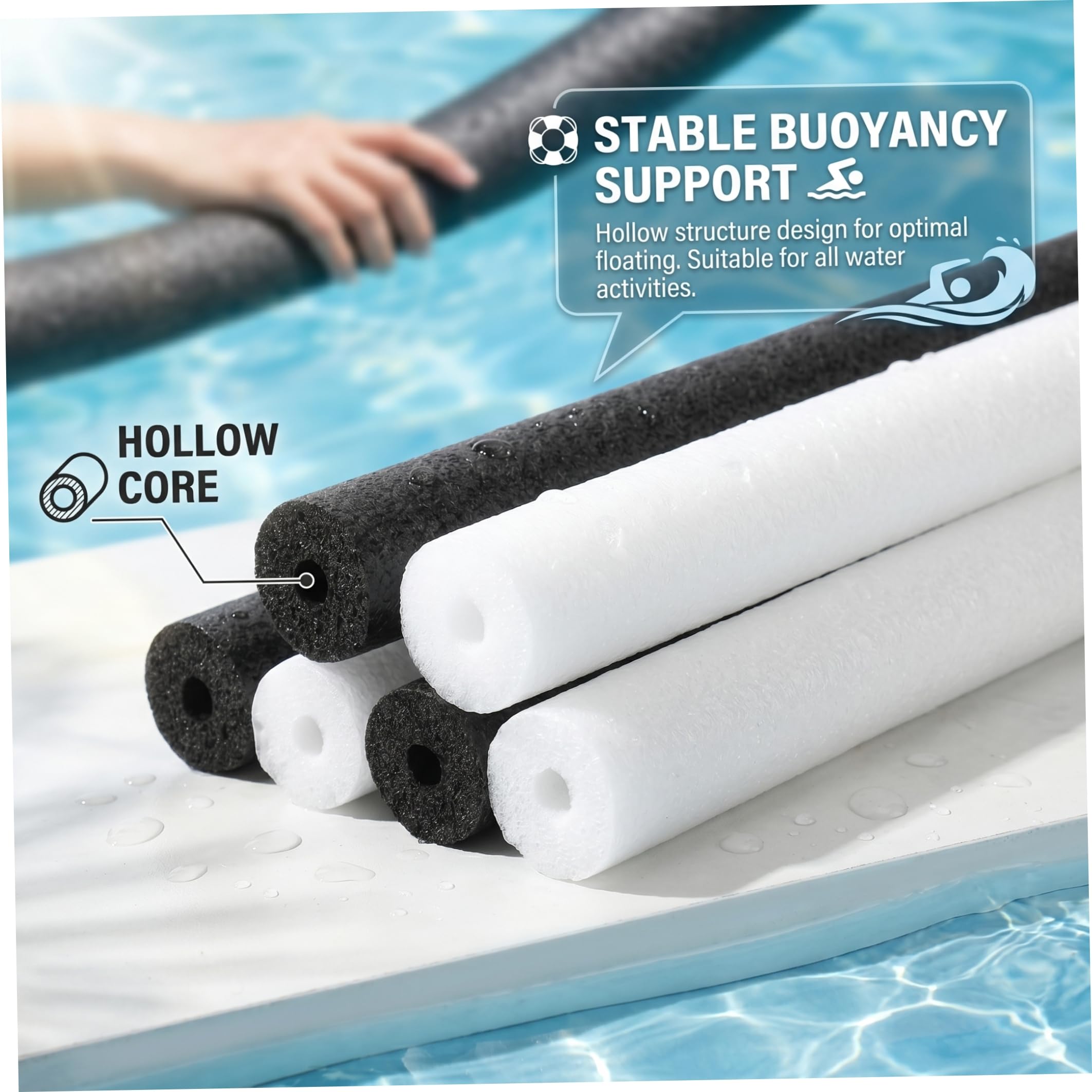 Schwimmnudeln, Pool-Nudeln, 6 Stück, Poolnudeln mit Loch, hochdichter Schwamm, Schwimmnudeln, 3 weiße und 3 schwarze