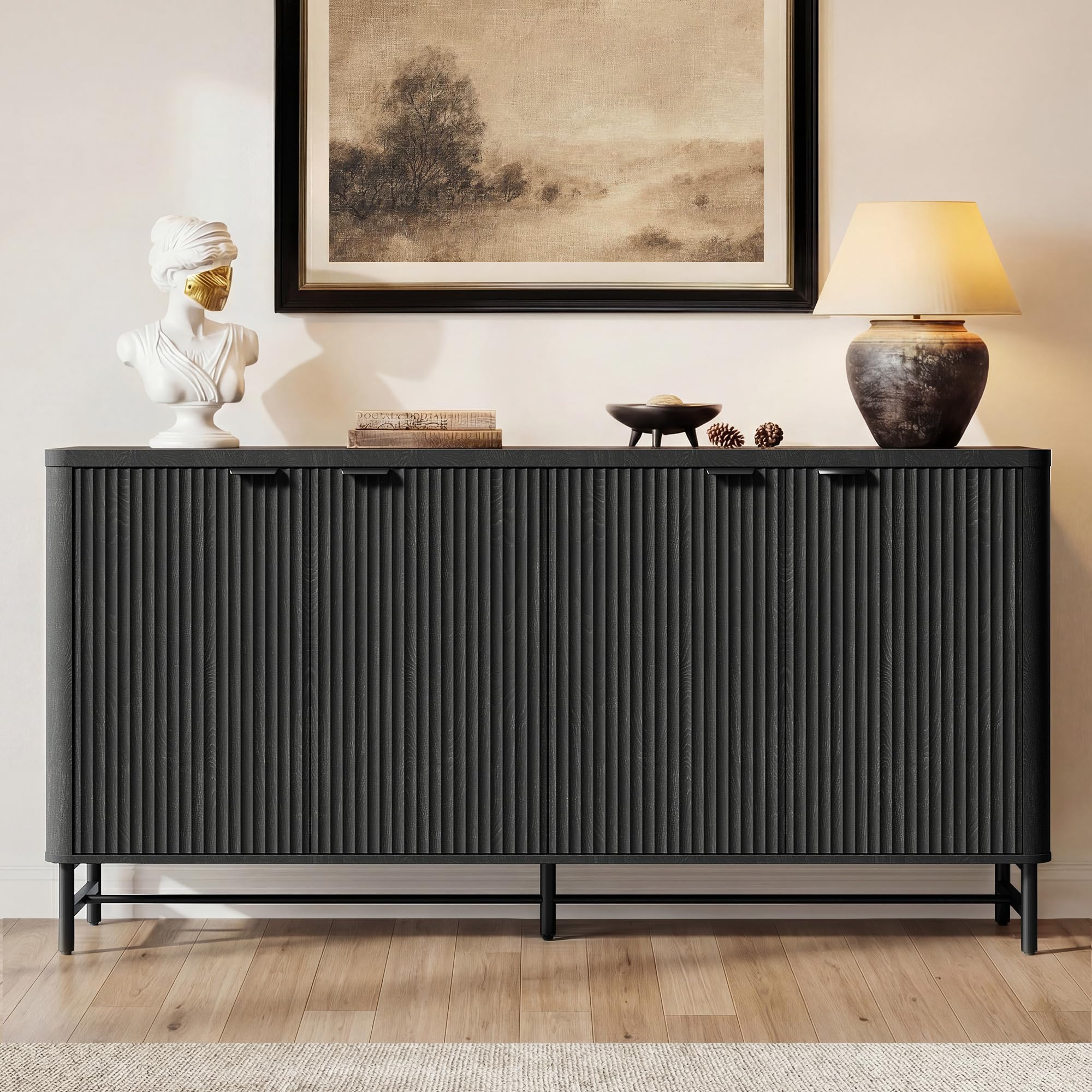 65" Large Sideboard Buffet Cabinet with Storage,Modern Fluted Credenza with Doors & Adjustable Shelves,Accent Coffee Bar/TV Console for Dining Room & Living Room,Black Gray