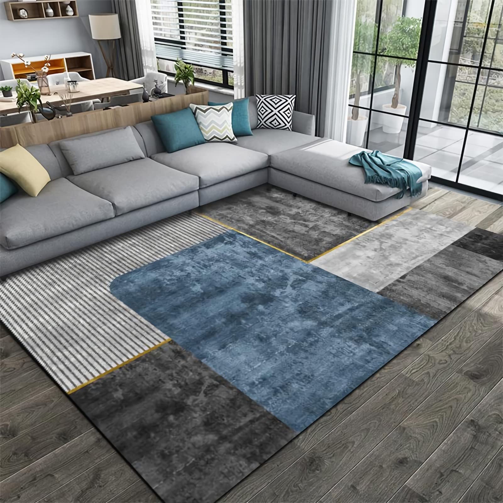 Tapis sol enfant 80x120cm antidérapant géométrique bleu gris lavable salon