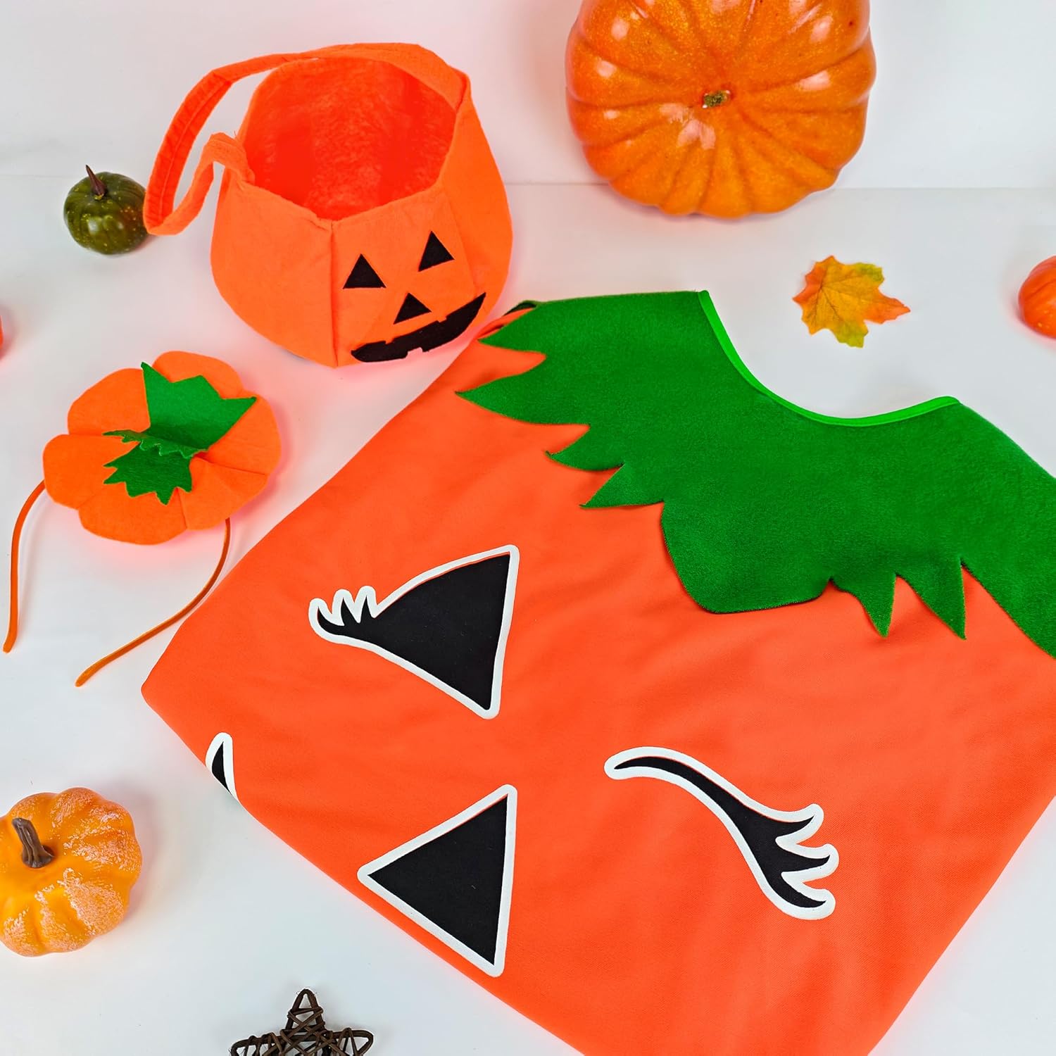 Yezmo Pumpkin Costume for Women, Pumpkin Poncho Cape Glow in the Dark with Headband Candy Bag for Halloween Dress Up - Image 4