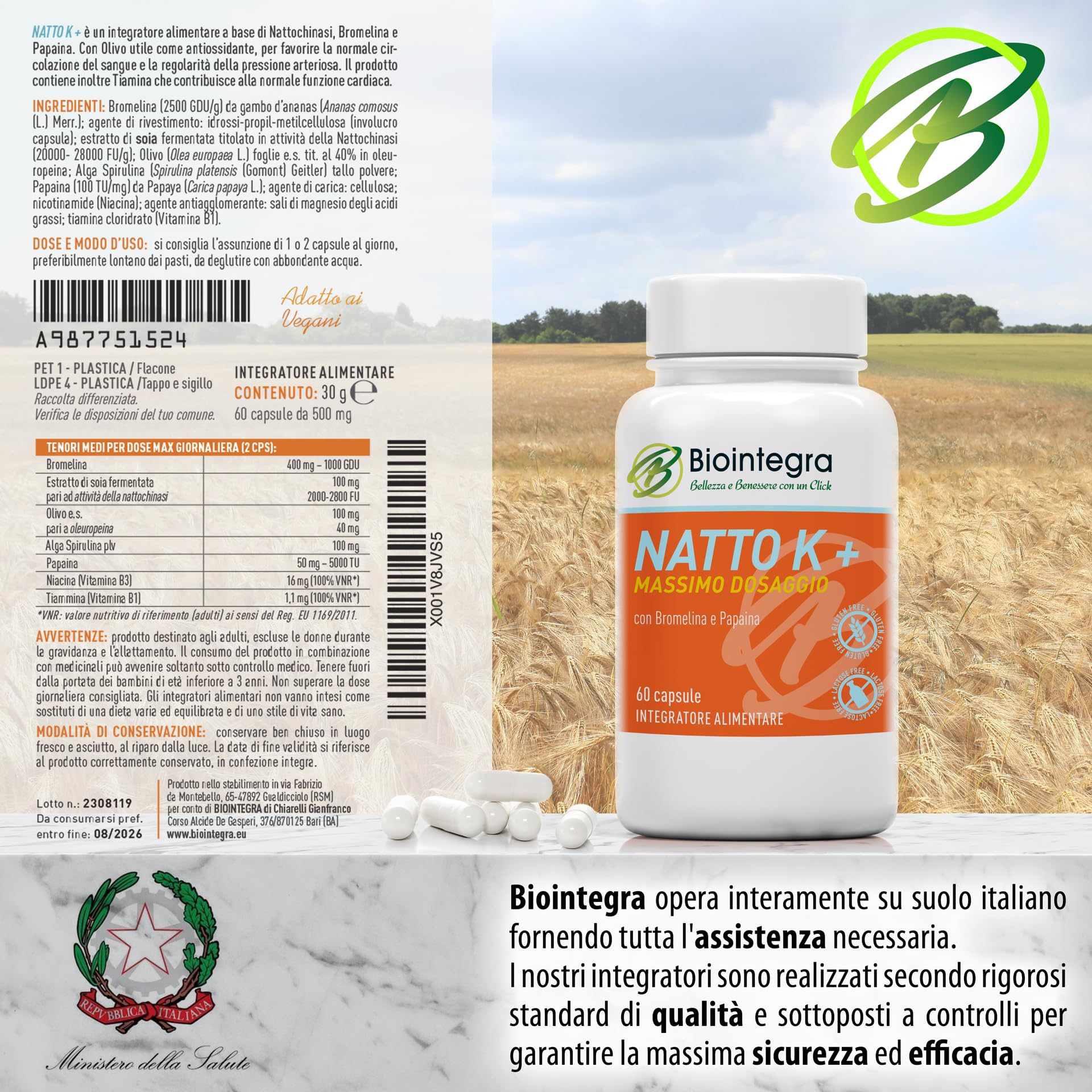 Biointegra Nattokinase ad alto dosaggio, formula unica con Bromelina e Papaina, 60 capsule vegan da 100 mg ciascuna (24.000 FU/g), no additivi, senza glutine, no OGM