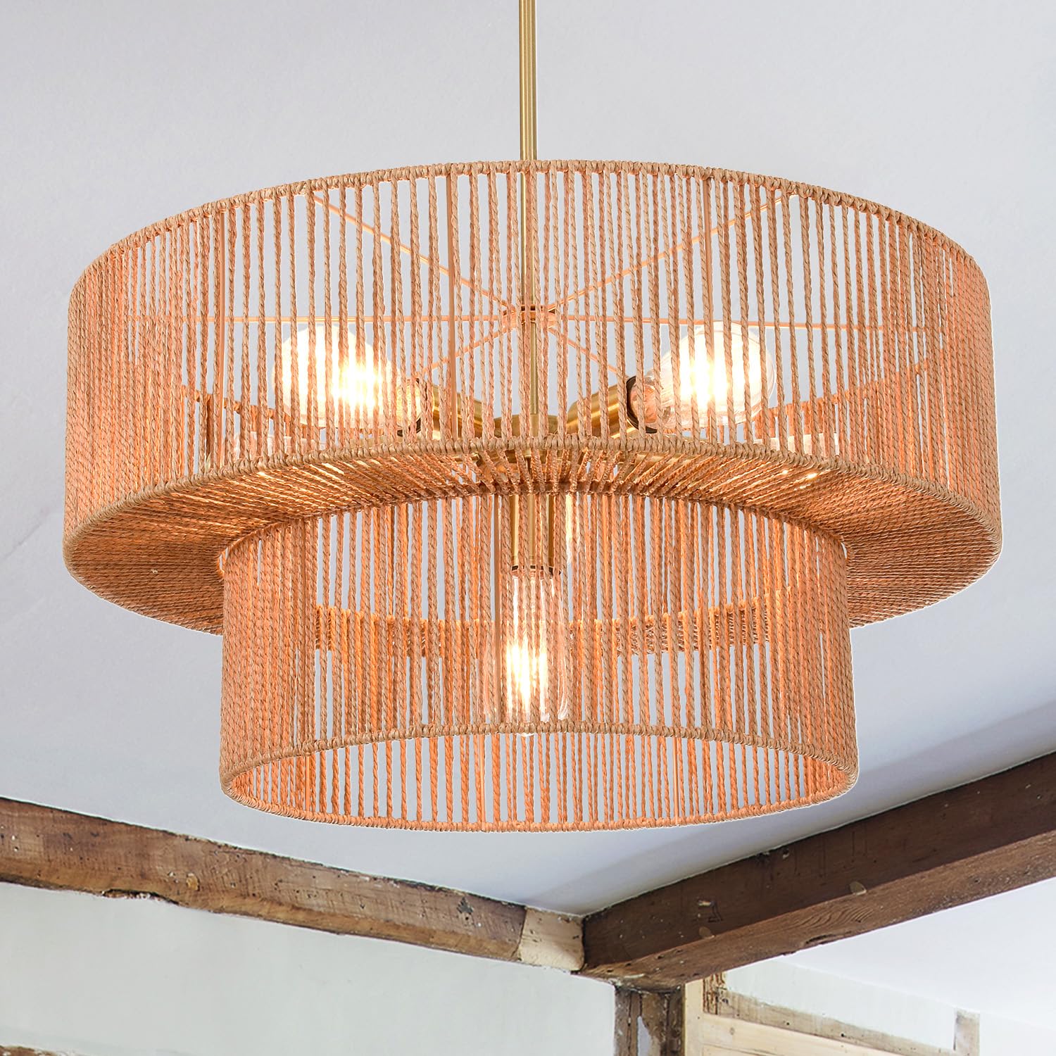 6-Light Boho Rattan Chandelier Light Fixture,23.62” Hand Woven Rustic Chandeliers Farmhouse Chandelier Hanging Light for Dining Room Kitchen Island, Living Room, Foyer