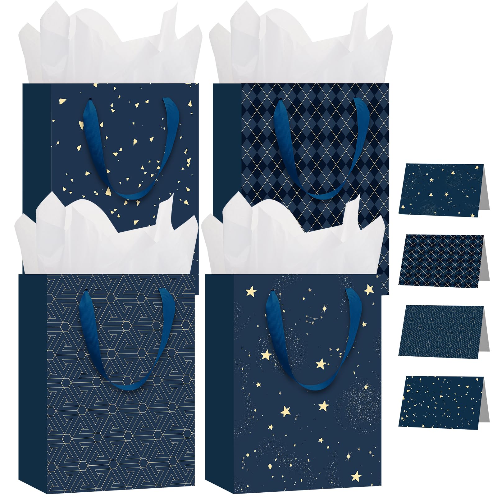 woric 4 Pcs Gift Bag, 27x20x12cm Graduation Gift Bags with Tissue Paper & Greeting Cards Birthday Gift Bags Party Bags for Presents Men Fathers Day Weddings Graduation Anniversaries (4 Styles)