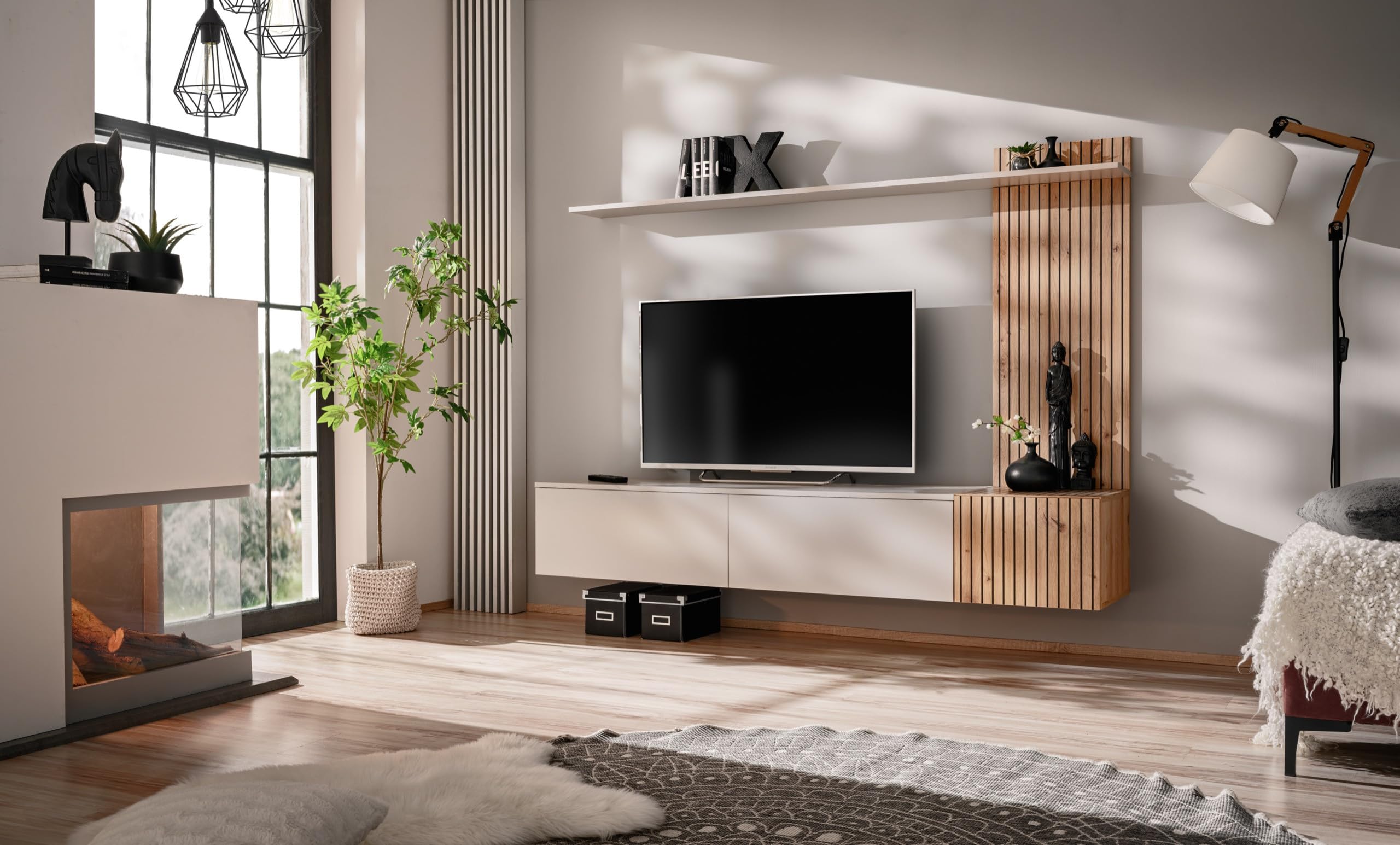 Deconation Ensemble Meuble TV Solo - Beige - L 180 X H 130 X P 40 Cm