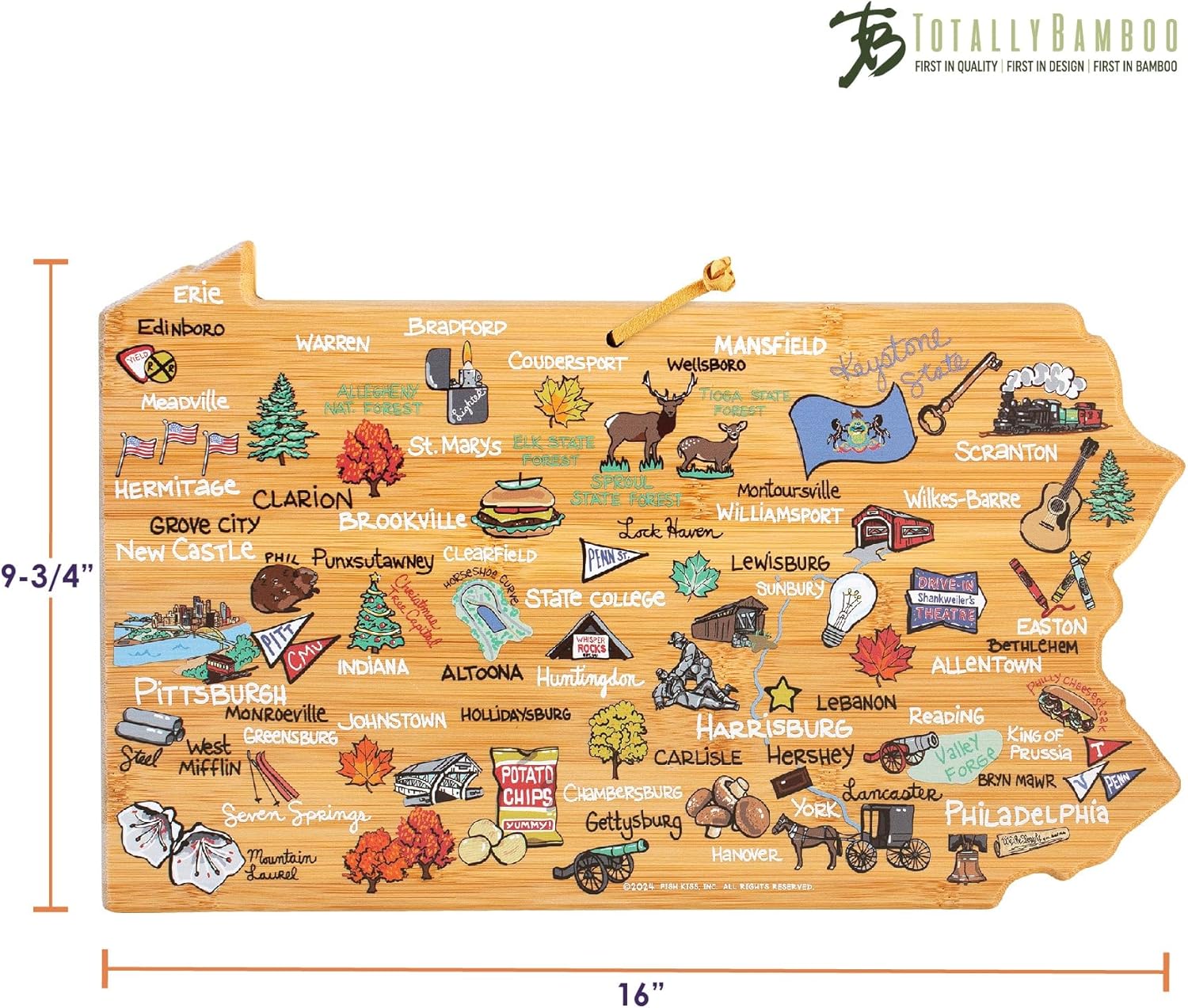 Totally Bamboo Pennsylvania State Shaped Cutting Board and Charcuterie Serving Platter with Artwork by Fish Kiss, Includes Hang Tie for Wall Display