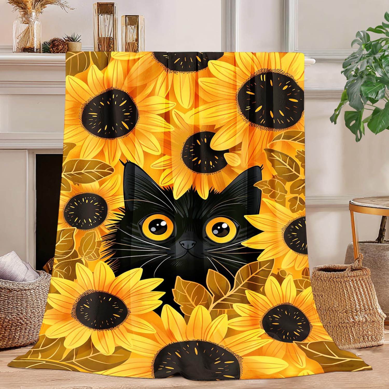 Cat Sunflower Blanket Cat Sunflower Fleece Throw Blanket Super Soft Fuzzy Plush Cozy Warm Cats Decor Stuffed Bedding Blankets Gift for Boys Girls Men Women Kids & Adult 50"X40"