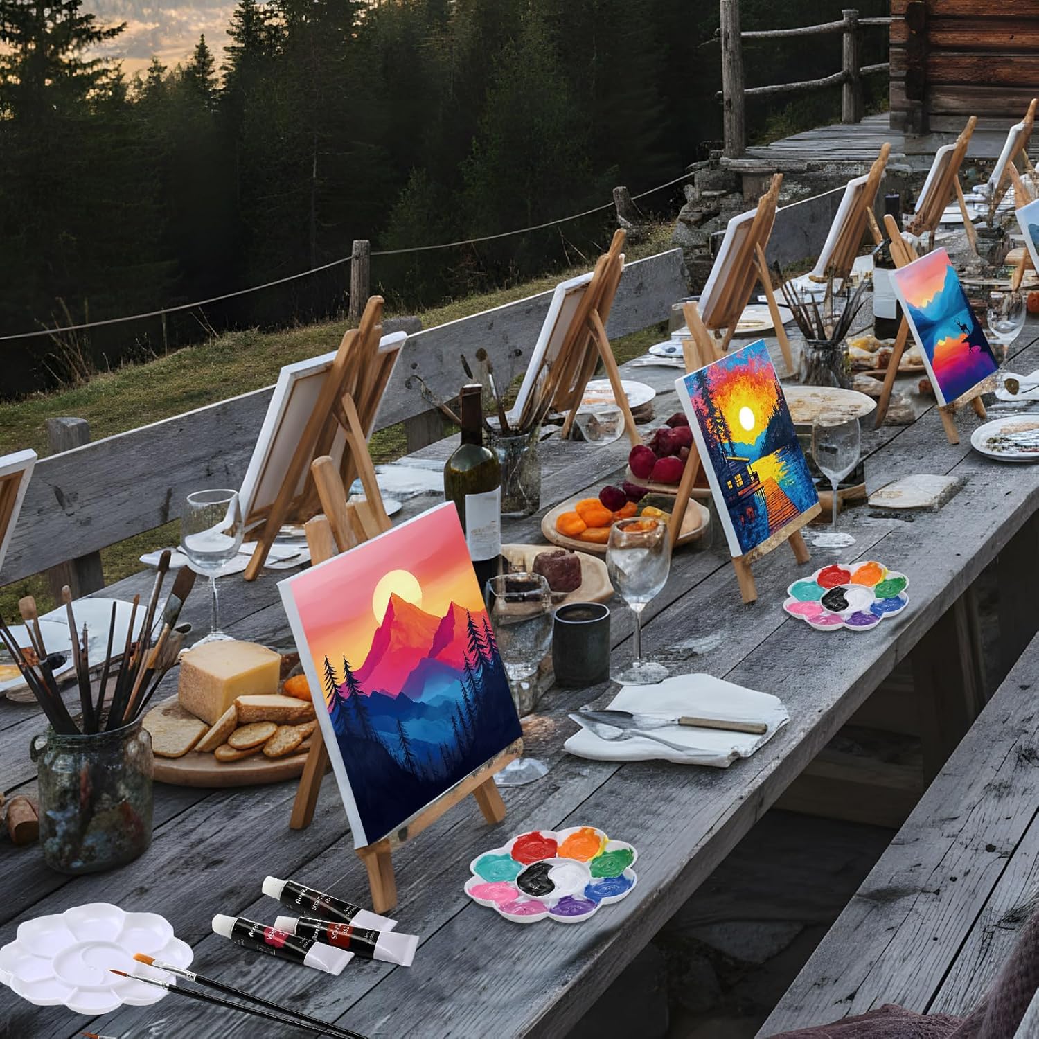 Cholemy 99 Pcs 16 Set Sip and Paint Kit for Adults 8"x 10" Pre Drawn Canvas Painting with Wooden Easel Pre Printed Canvas Painting Favor for DIY Birthday Gifts Adult's Date Party