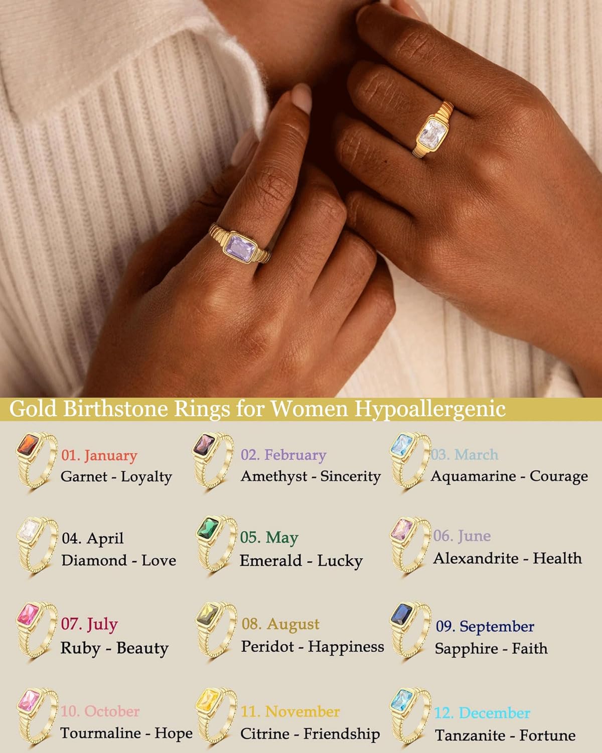 Birthstone Gold Rings for Women Non Tarnish Vintage Chunky Gemstone Emerald Rings 1... - Image 3