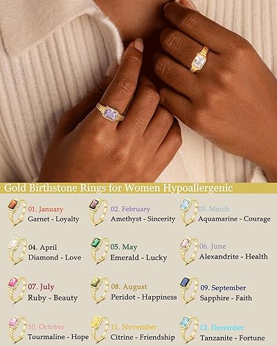 Miniatura 3 de Anillos de oro con piedra natal para mujer, no se deslustra, vintage, gruesos, esmeralda, chapados en oro de 14 quilates, con circonita cúbica,