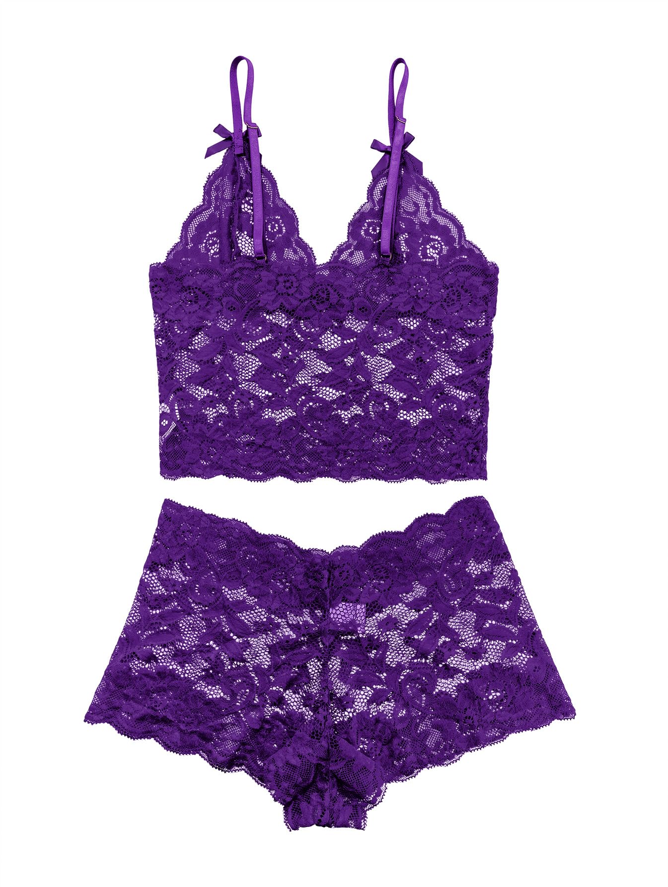 Lilosy Sexy Sheer Floral Lace Pajamas Lingerie Set High Waist Sleepwear Bra and Panty 2 Piece Nightwear: X-Large Bow Ties Purple