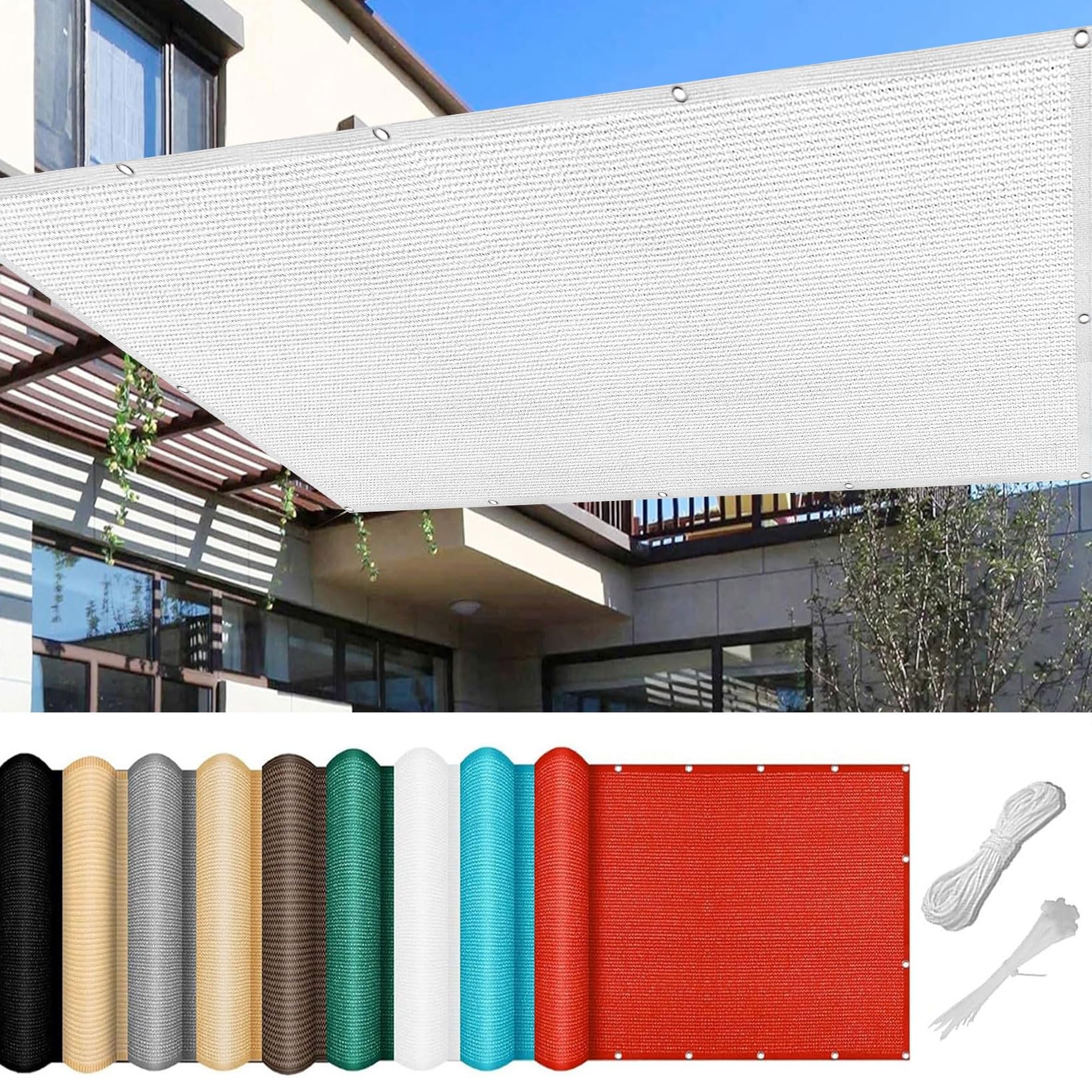 Sonnensegel mit Ösen 90 x 600 cm Rechteckig Schattennetz für Gewächshaus Wasser Luftdurchlässig mit Ösen Befestigungs Kit für Carport Pflanze Pergola Zaun Außen, Weiß