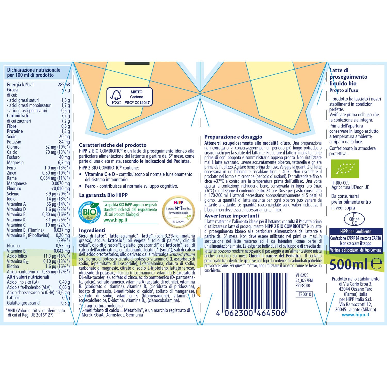 HiPP Latte Liquido 2 Confezione in Cartone, di Proseguimento, Latte per Neonati Liquido, dal 6° Mese Compiuto, 12 Confezioni da 500 ml, Hipp 2 Combiotic