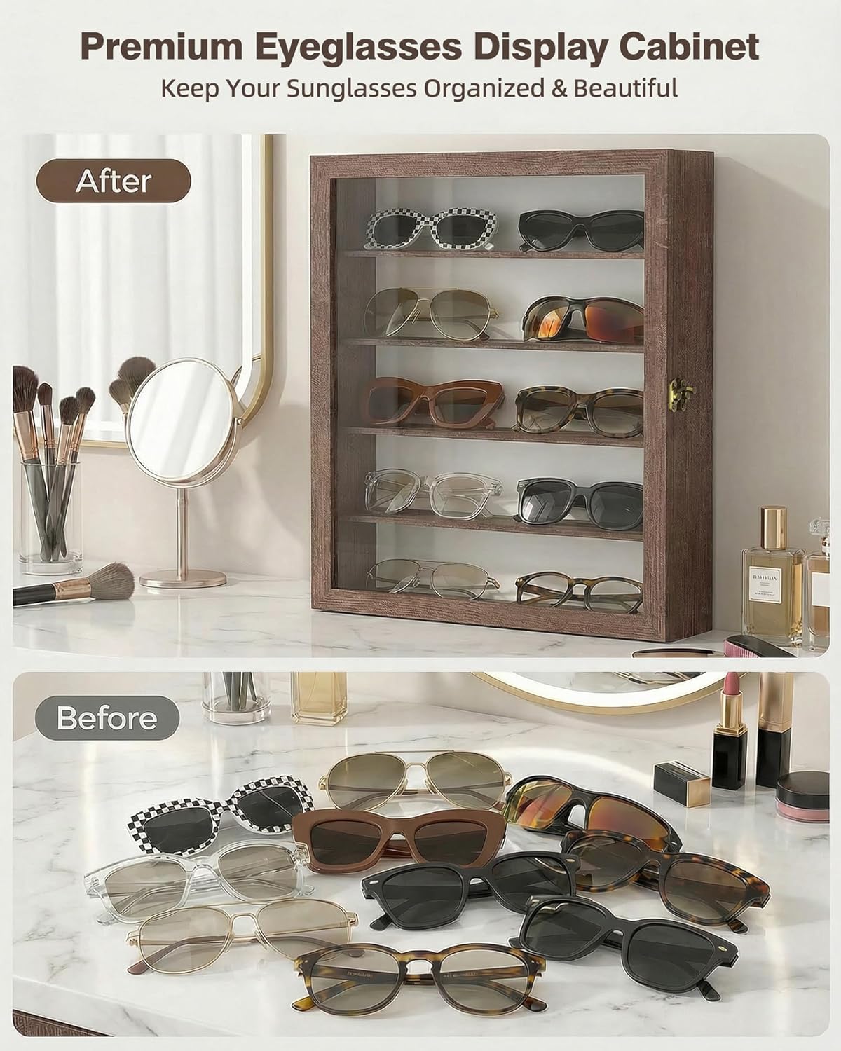 TJ.MOREE 5-Tier Sunglasses Organizer Storage Wall Mounted: 13 x 15 inches Eyewear Display Case Rustic Wood Eyeglasses Holder Large Glasses Storage Box, Brown