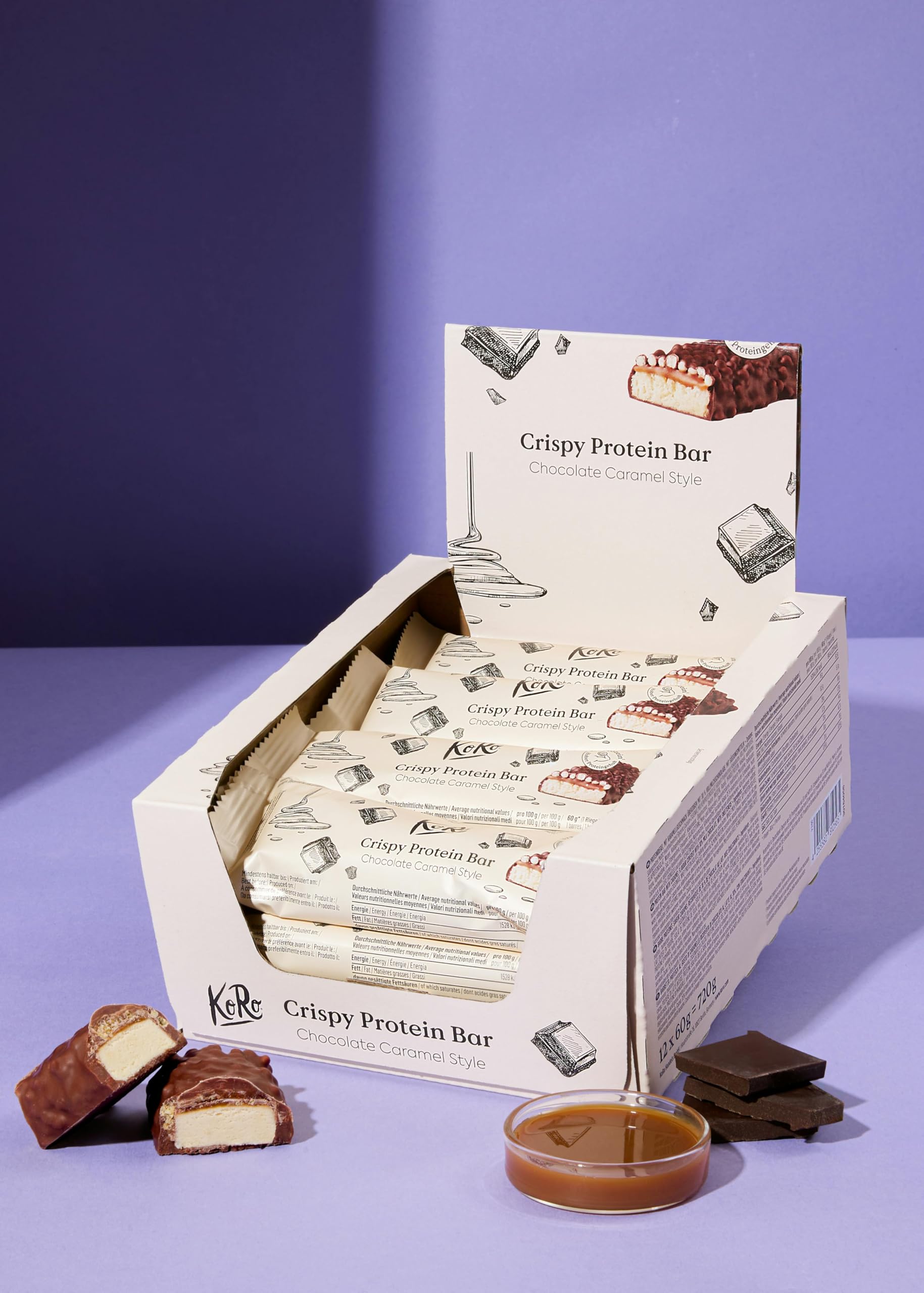 KoRo - Barretta proteica crunchy al cioccolato e caramello | 60 g - Alto contenuto proteico - Senza zuccheri aggiunti* - con cuore al caramello