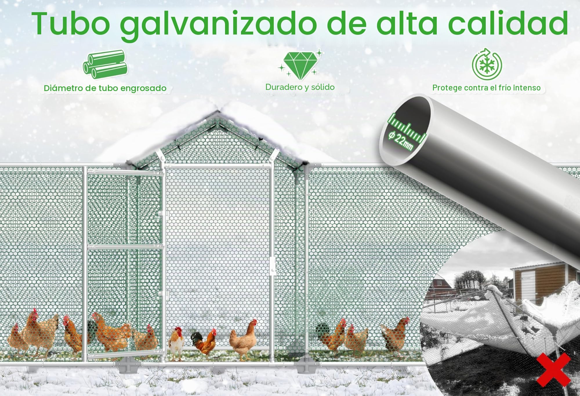 UISEBRT Gallinero para gallineros, 4 x 1 x 1,5 m, estructura de acero galvanizado, con cerradura para gallinas, animales pequeños