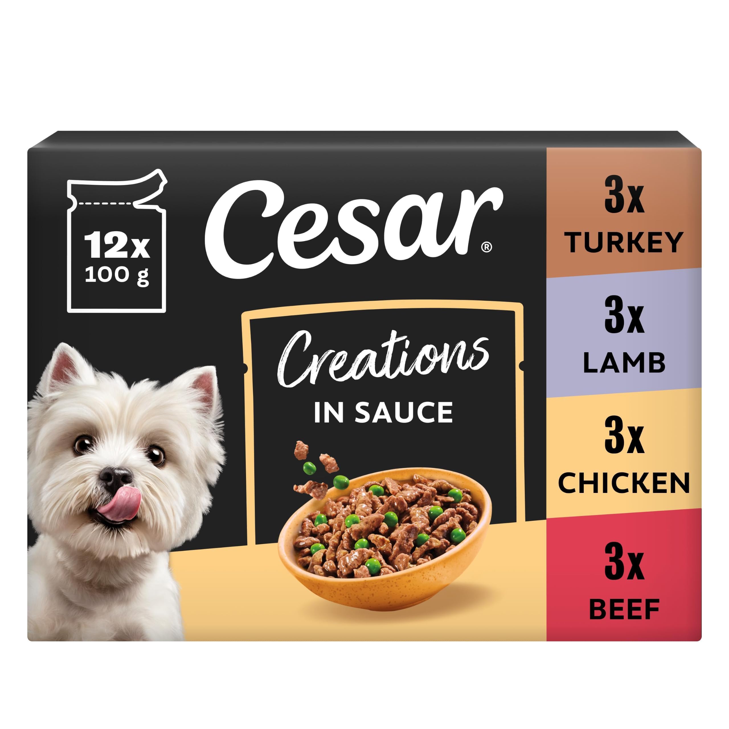Cesar Creations 100g Adult Pouch 4x12-pack with Beef Chunks & Carrots in Gravy/Chicken & Peas/Lamb & Vegetables/Turkey & Carrots in Tomato Sauce (Pack of 4)