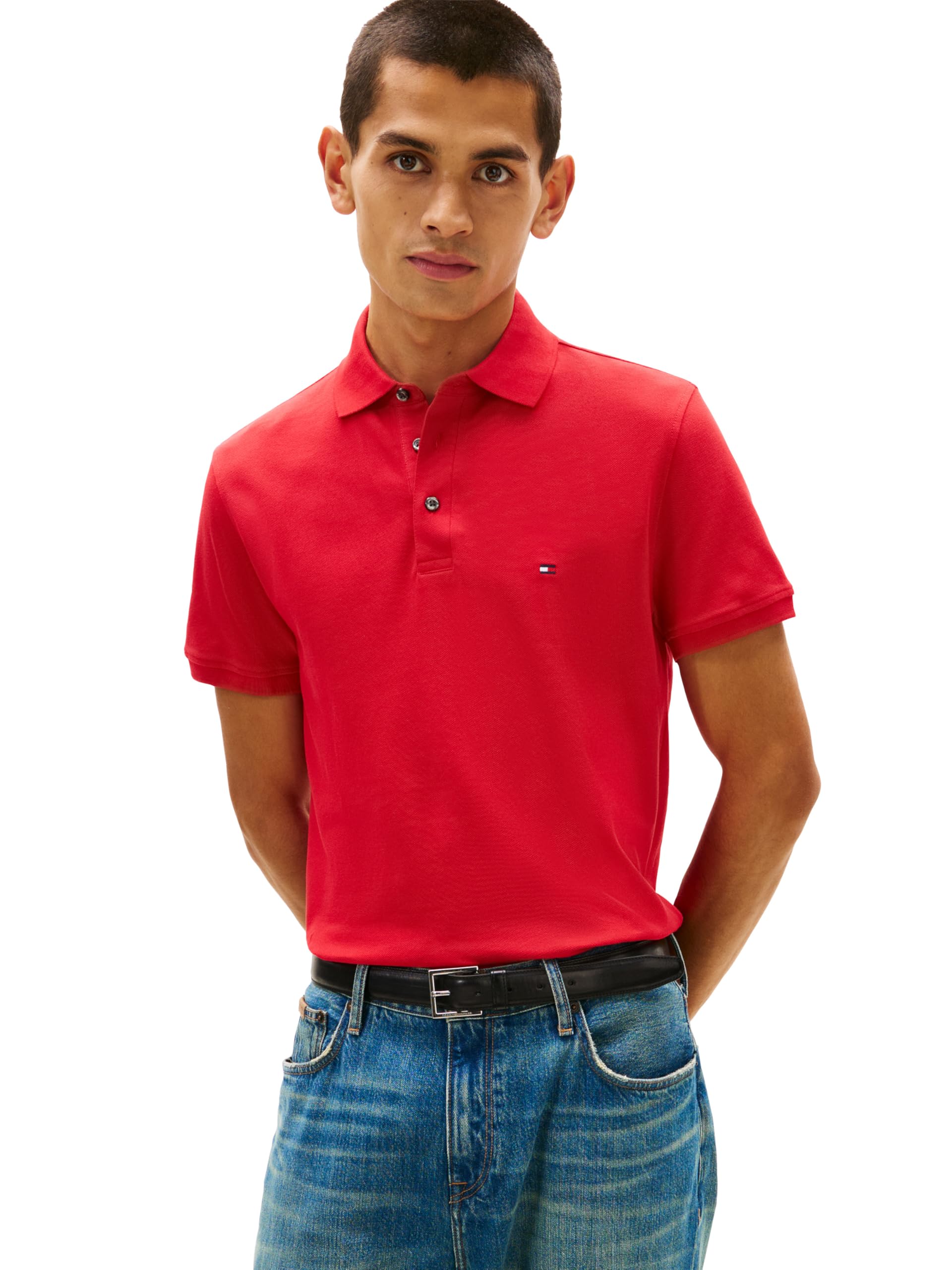 Tommy Hilfiger Men's Short Sleeve Polo Shirts in Slim Fit with Stretch and Organic Pique Cotton