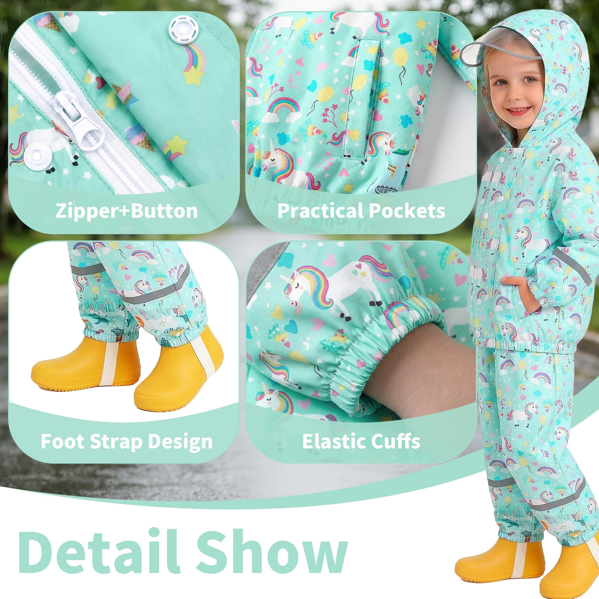 JinBei Imperméable Enfants Respirant Combinaison de Pluie Garçon Fille Léger Ensemble Pluie à Réfléchissant Pantalon et Veste à Capuche Pliante Costume Imperméables 2 Pièces 1-7 Ans