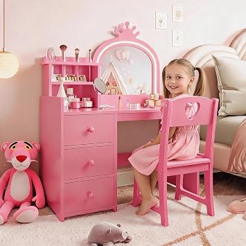 Kids Vanity with Lights, Wooden Toddler Vanity Table & Chair Set, 3-Color Touch Light Strip Princess Makeup Desk with Drawer & Stool, Childrens Dressing Table for Little Girls, Pink