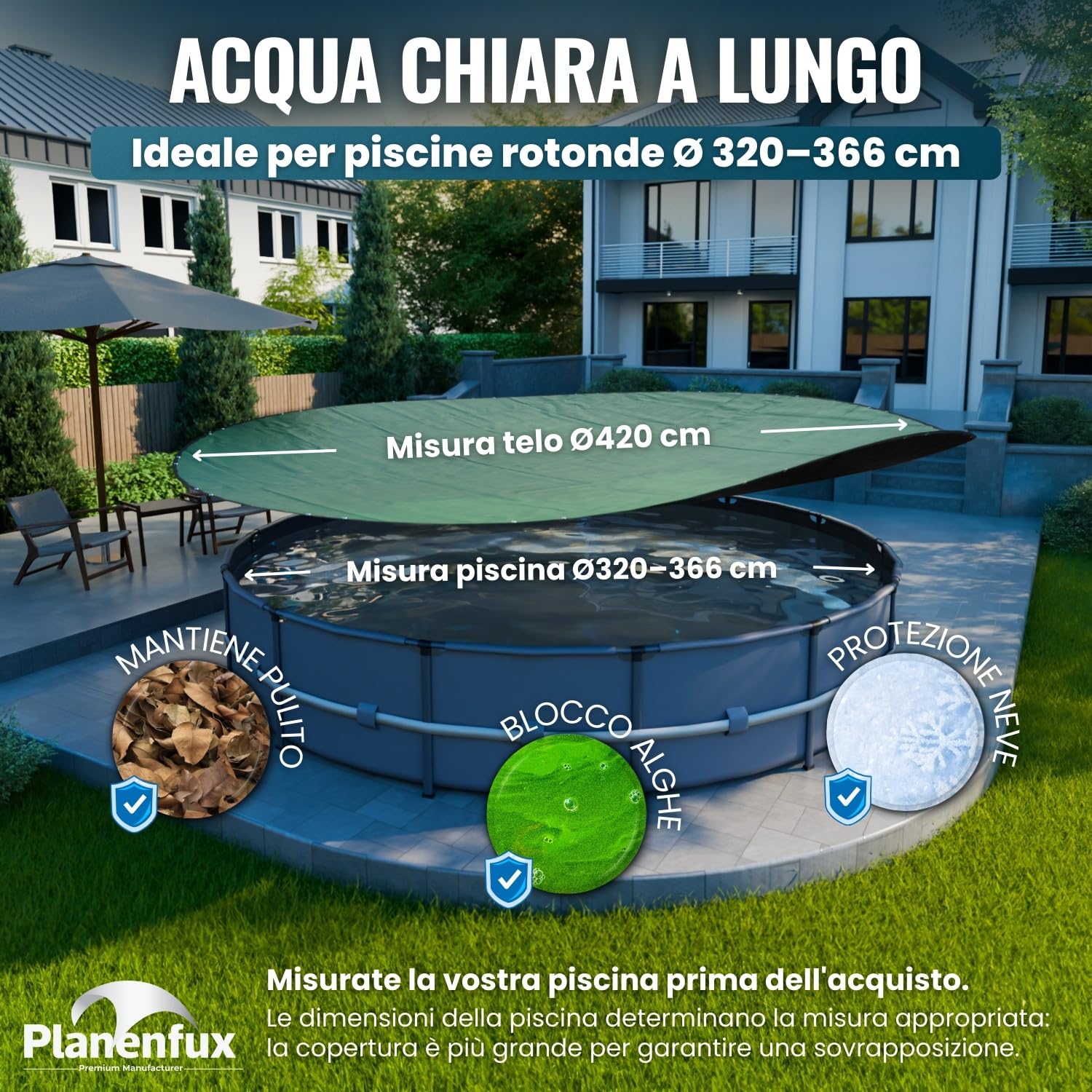Planenfux® Copertura invernale rotonda per piscine Ø 366 cm (320-366cm) | Telo 2-in-1 in PE 200g/m² | UV-resistente per estate & inverno | Ø420cm Copertura invernale per piscina