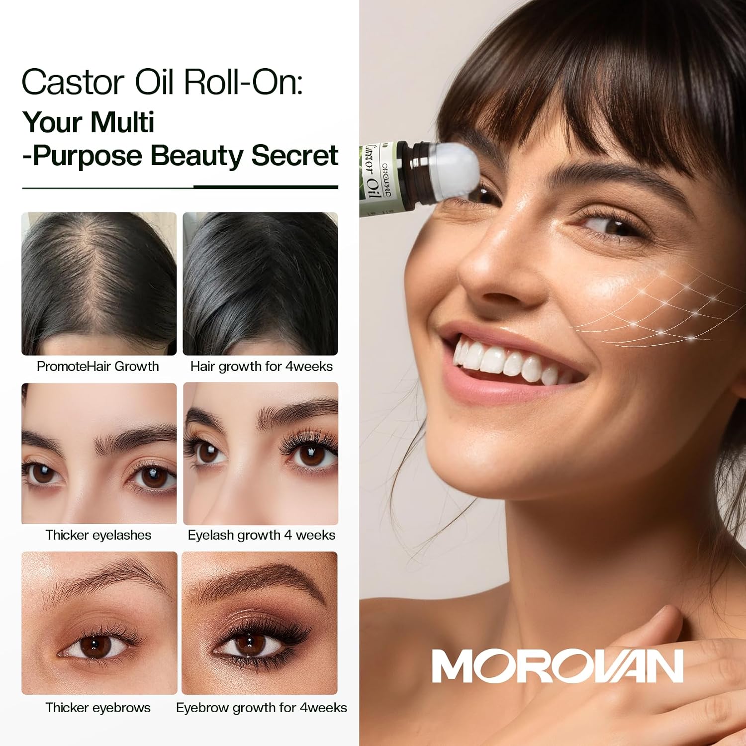 Morovan Castor Oil Roll for skin: 50ml Hair Growth Serum for Eyebrows & Eyelashes — Promotes Hair Growth in 4 Weeks — Nourishes Thinning Hair & Strengthens Roots for Men & Women
