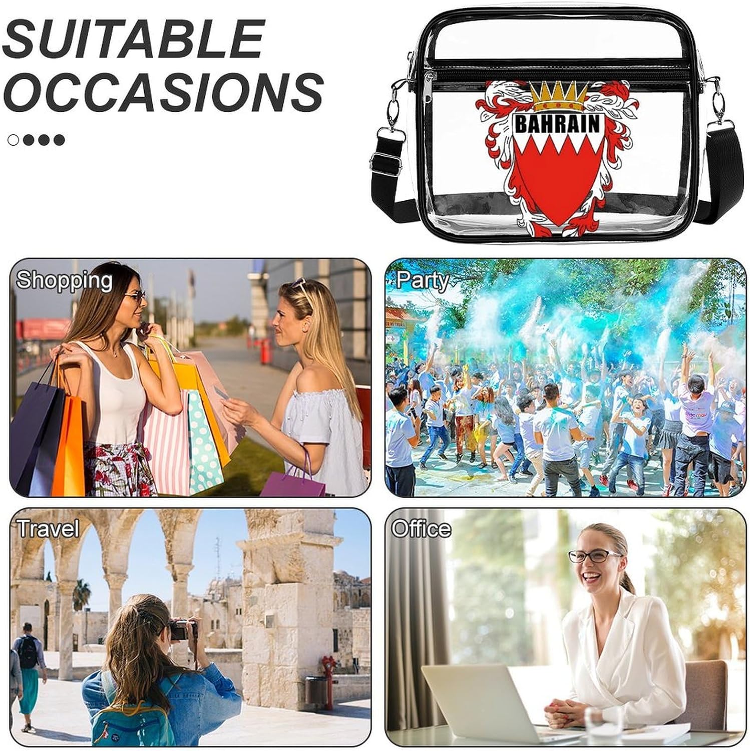 Bahrain National Emblem Clear Tote Bag Transparent Stadium Approved | crossbody,10*3.1*8.7",zippered closure,with adjustable strap